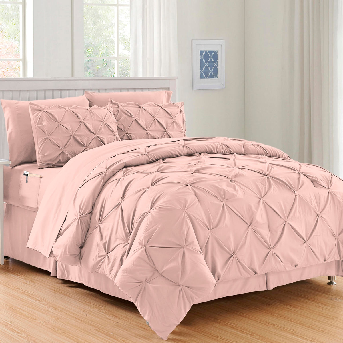 Elegant Comfort Luxury Softest, Coziest 8-Piece Bed-In-A-Bag Comforter Set - Silky Soft Complete Set Includes Bed Sheet Set With Double Sided Storage Pockets, King/California King, Light Pink