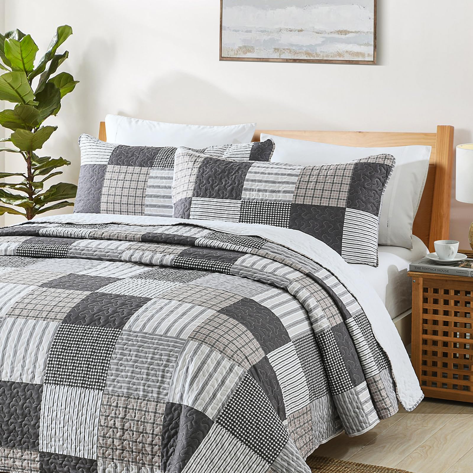 Hiaruo Quilt Set Queen Size, 3 Pieces Bedspread Coverlet Plaid Patchwork Quilt Farmhouse Queen Size Comforter Set Lightweight Be
