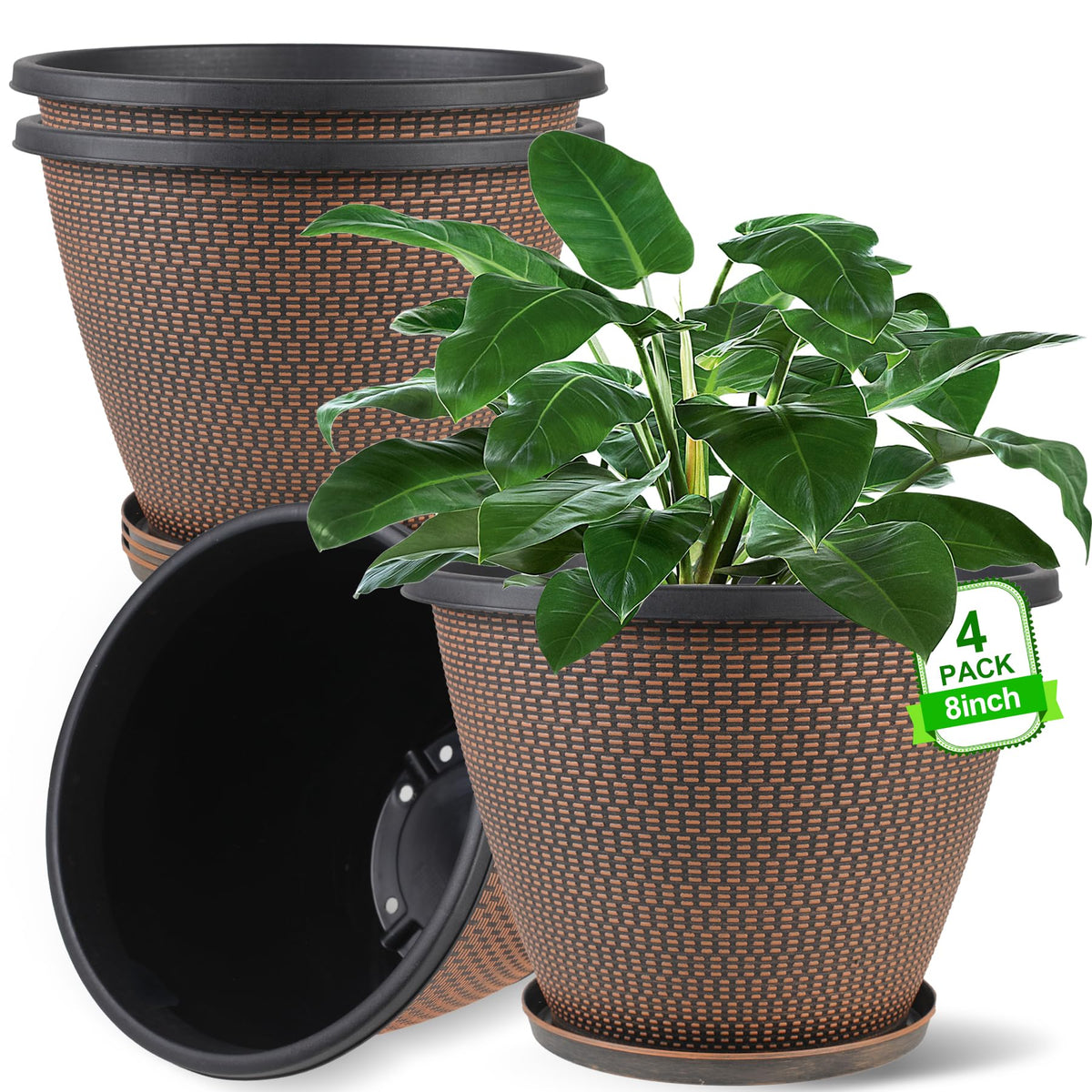 4 Pack 8 Inch Plant Pot, Plastic Pots For Plants Indoor, Round Planters For Outdoor Plants With Drainage Holes & Trays, Decorati