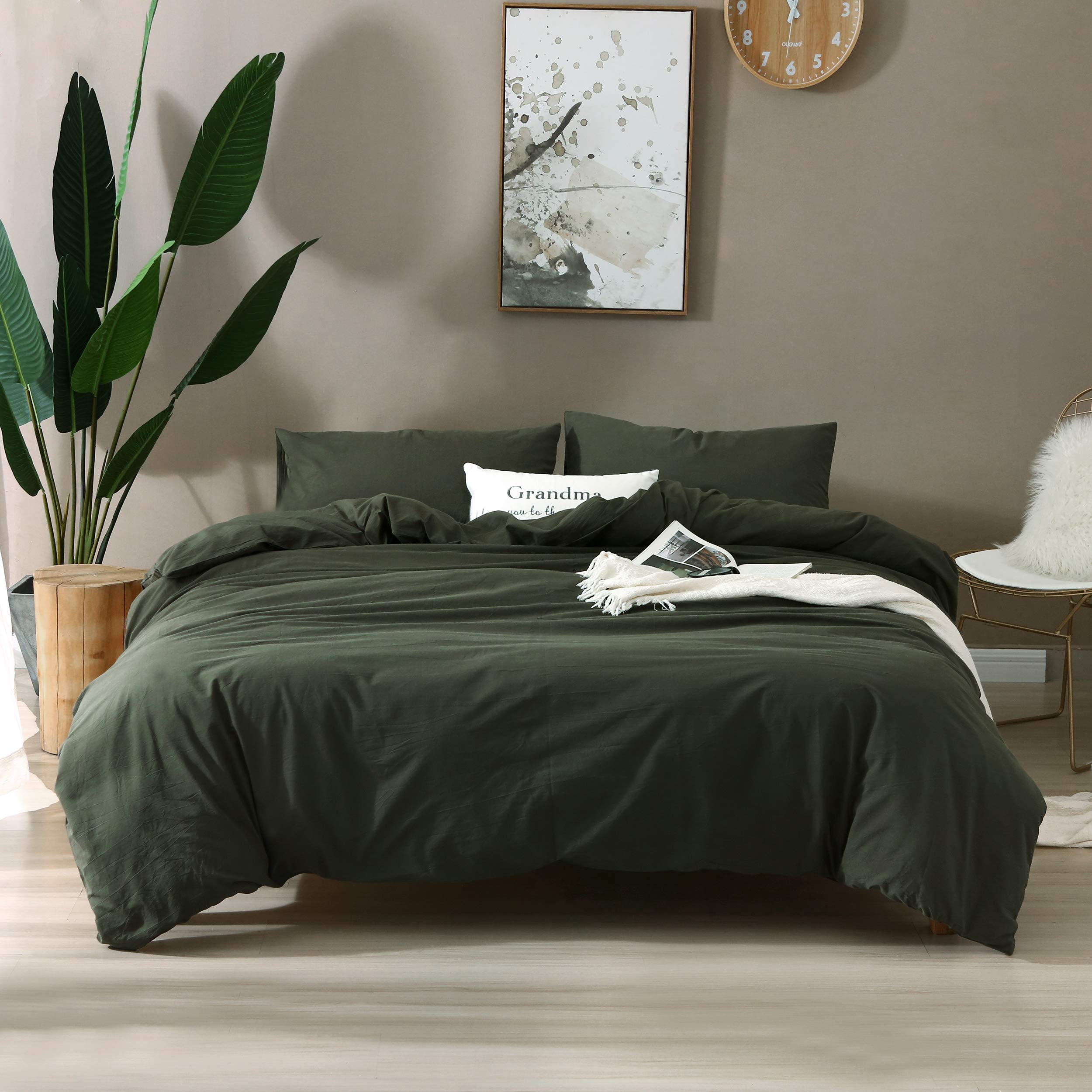 F.Y.Dreams 100% Washed Cotton Duvet Cover For Weighted Blanket 48X72 Inches With 8 Ties, Zipper On Long Side/Forrest Green/Just