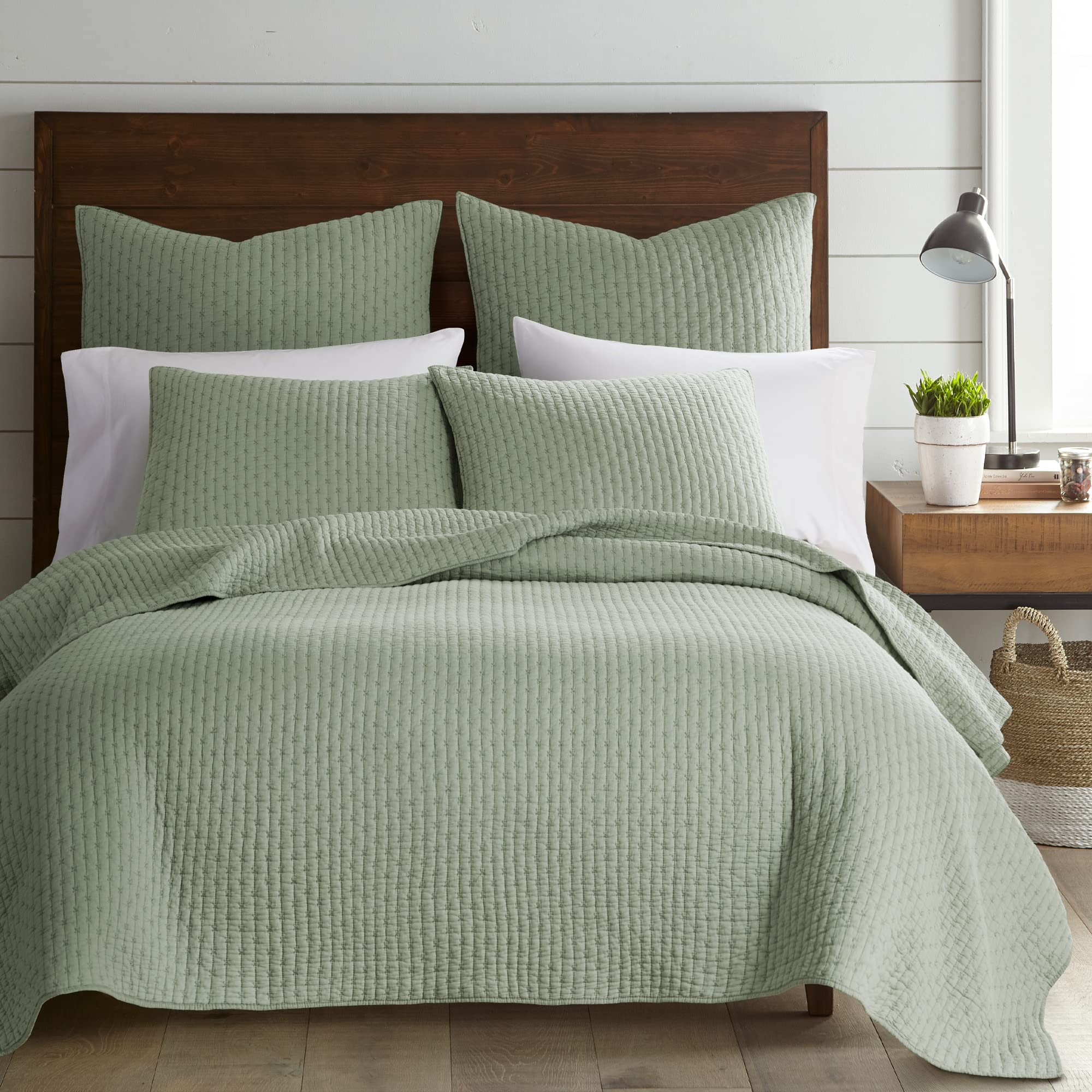 Levtex Home - Cross Stitch Desert Sage Quilt Set - 100% Cotton - King/Cal King Quilt (106X92In.) + 2 King Shams (36X20In.) - Rev
