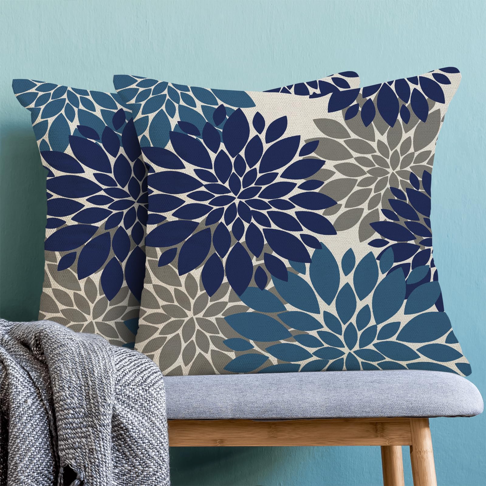Cxmeifly Navy Blue Summer Outdoor Pillow Covers 18X18 Inch Set Of 2 Dusty Blue Grey Dahlia Floral Decor Throw Pillows Modern Geo