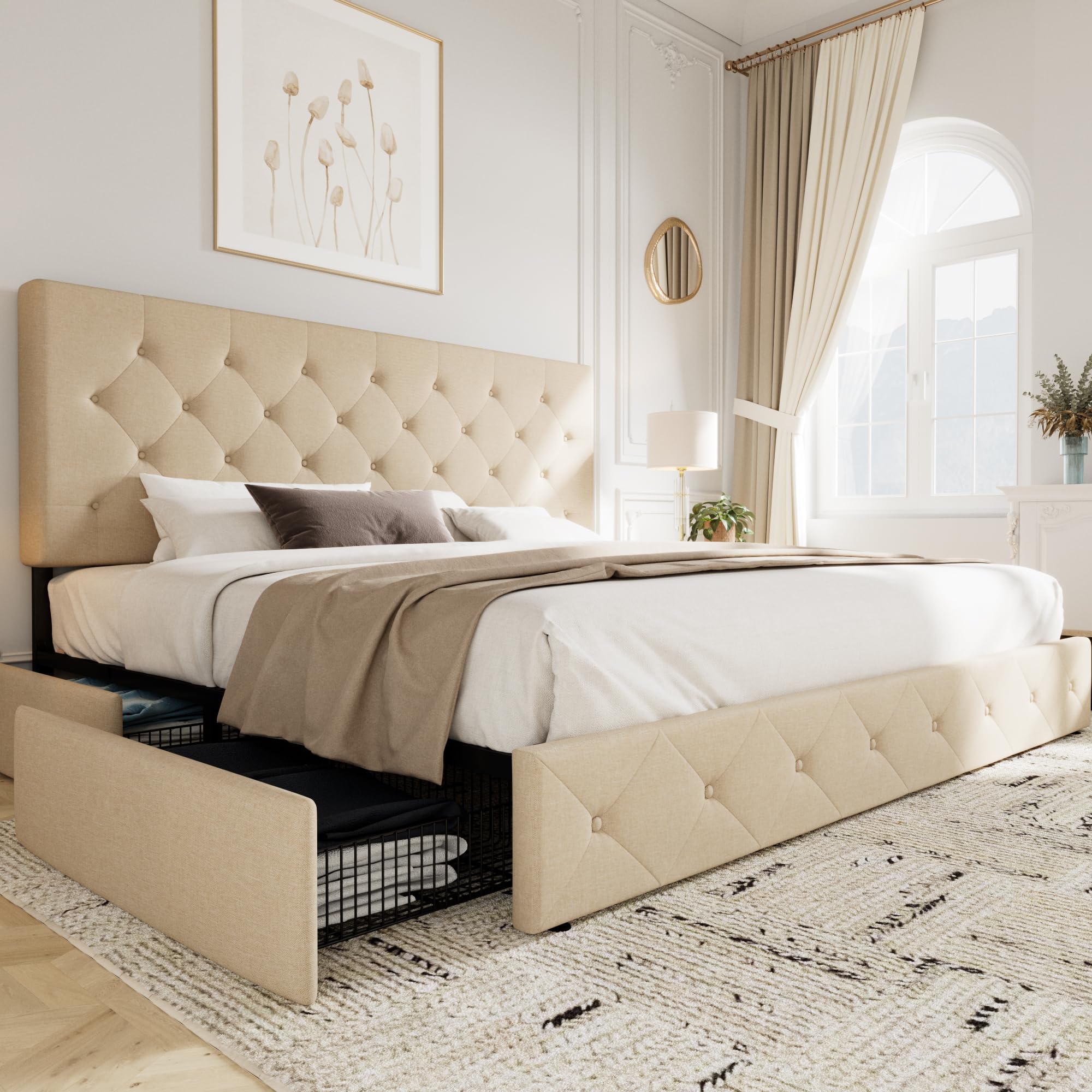 Allewie Upholstered King Size Platform Bed Frame With 4 Storage Drawers And Headboard, Diamond Stitched Button Tufted, Mattress Foundation With Wooden Slats Support, No Box Spring Needed, Beige