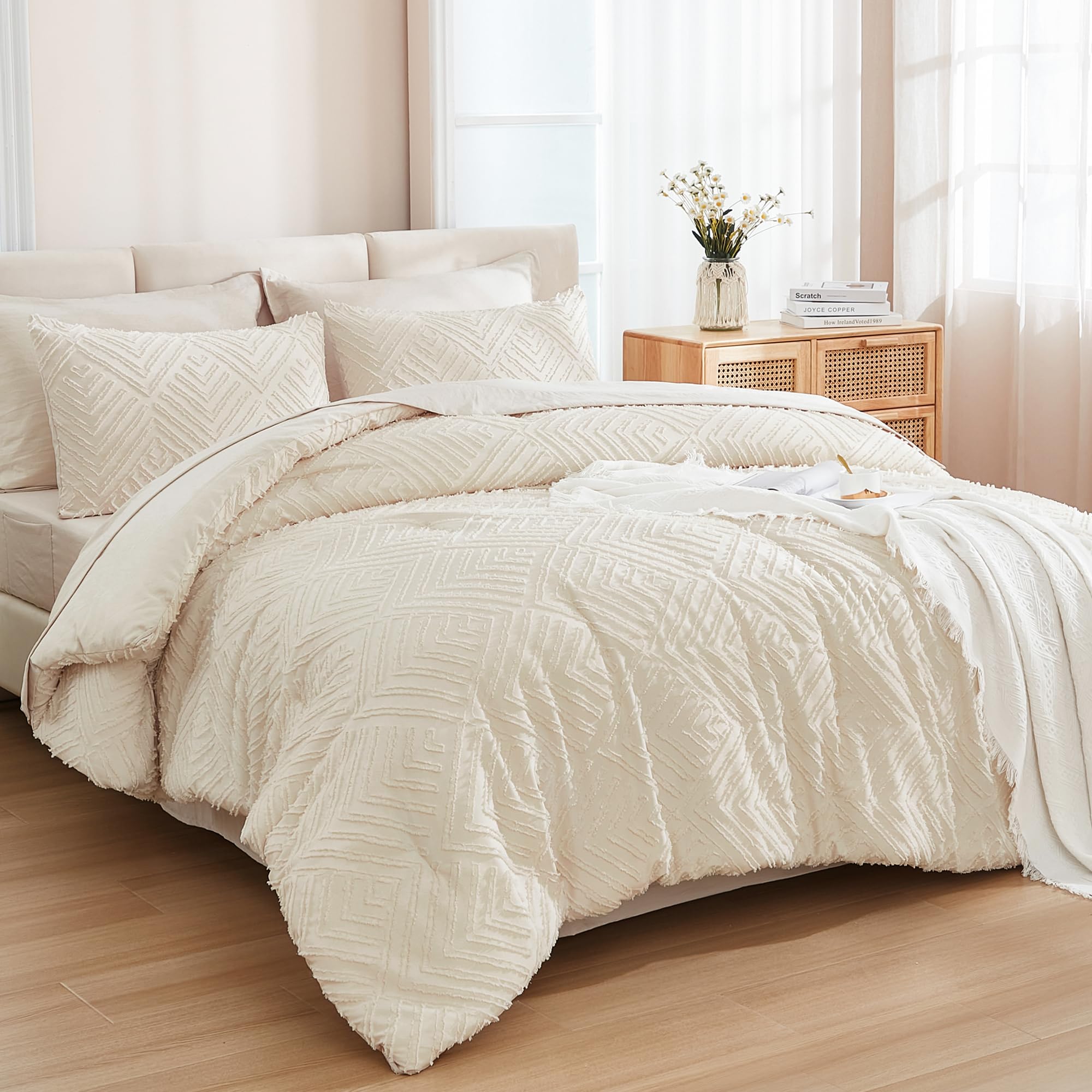 Andency California King Comforter Set Beige - 7 Pieces Bed In A Bag Cal King Beddding Comforter Sets, Tufted Lightweight Fluffy