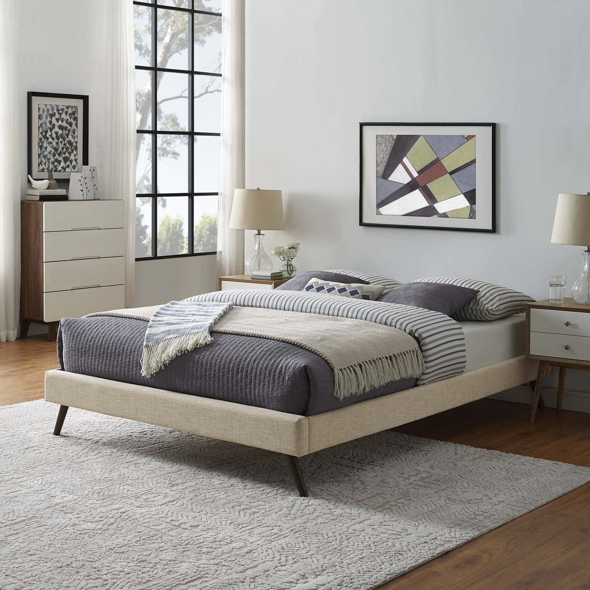 Modway Loryn Upholstered Queen Platform Bed Frame With Wood Slat Support In Beige