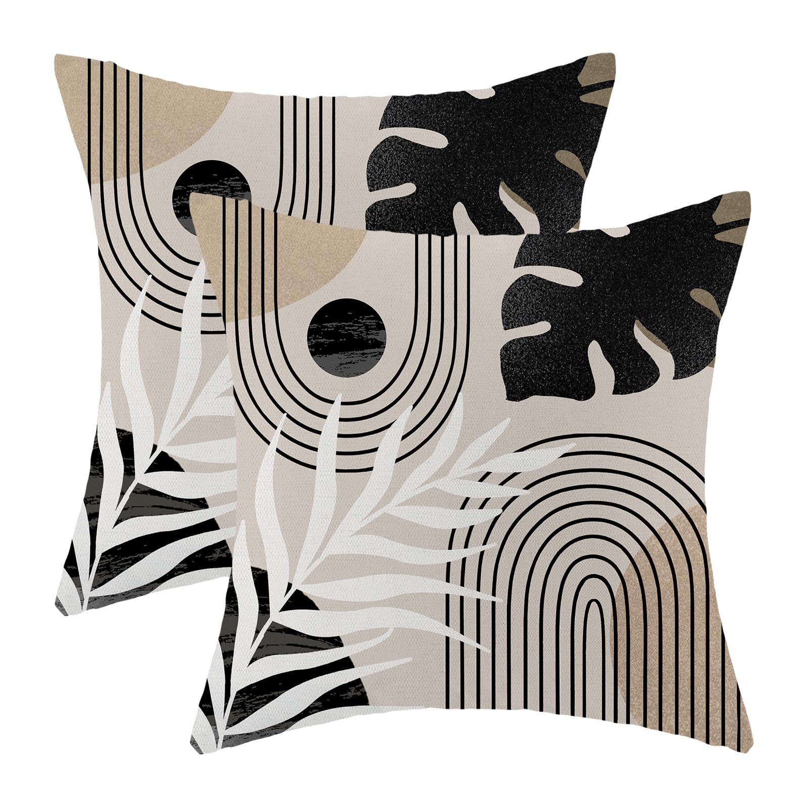 Boho Pillow Covers 18X18 Set Of 2 Mid Century Black Beige Tropical Leaf Throw Pillow Covers Outdoor Decor Modern Abstract Line D