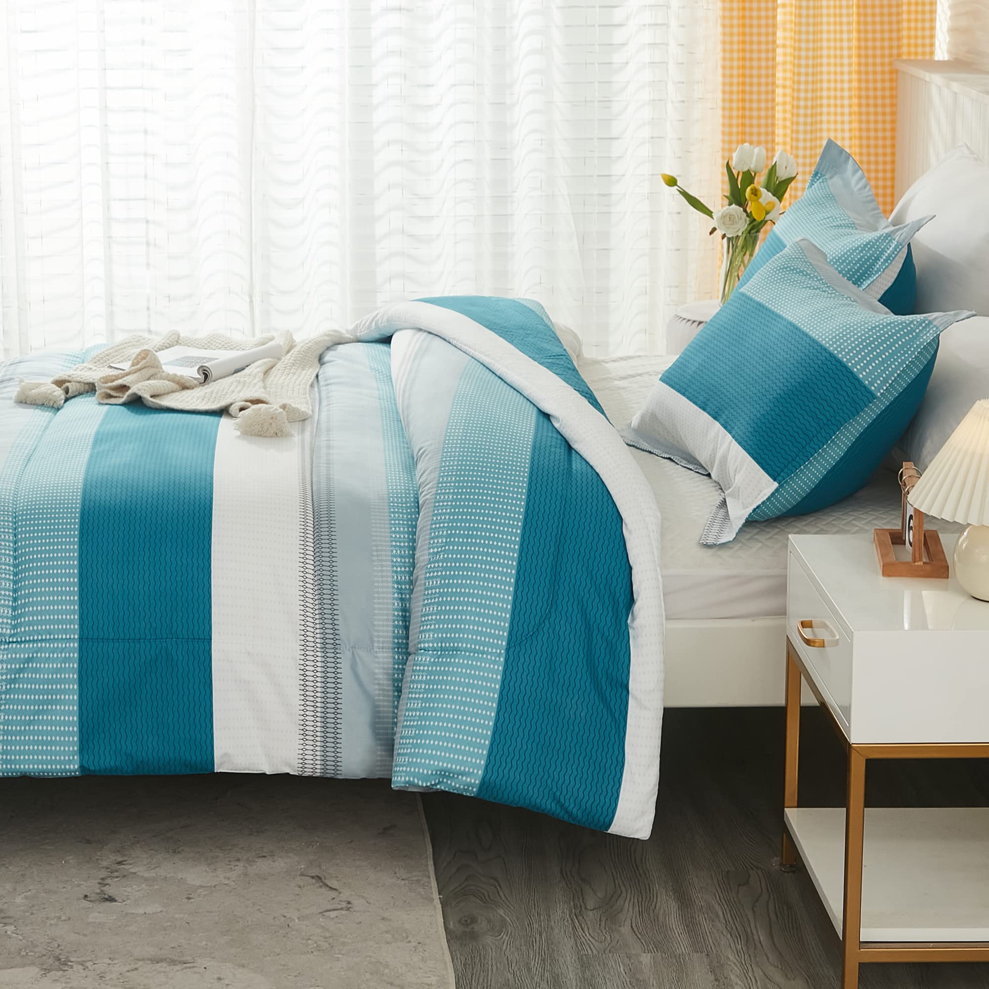 Litanika Teal White Bed Comforter Twin Set, Xl Twin Comforter Striped Bedding Comforter Set, 2 Pieces Lightweight Soft All Seaso