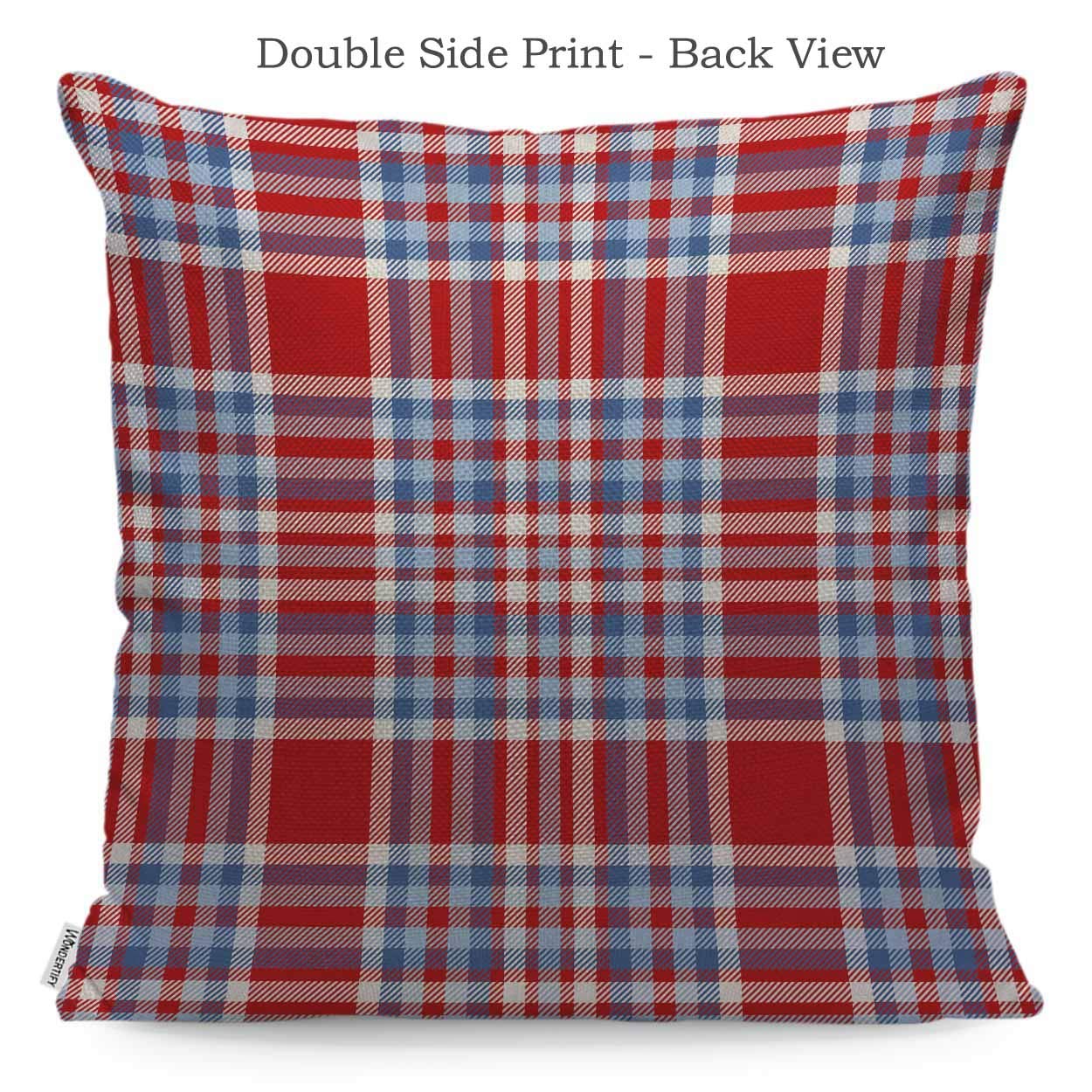 Wondertify Throw Pillow Case Cover Tartan Plaid Pattern Checkered Fabric Texture Moderate Light Blue White And Bright Red Soft Linen Pillow Case For Bedroom/Livingroom/Sofa Cushion Covers 18X18 Inch