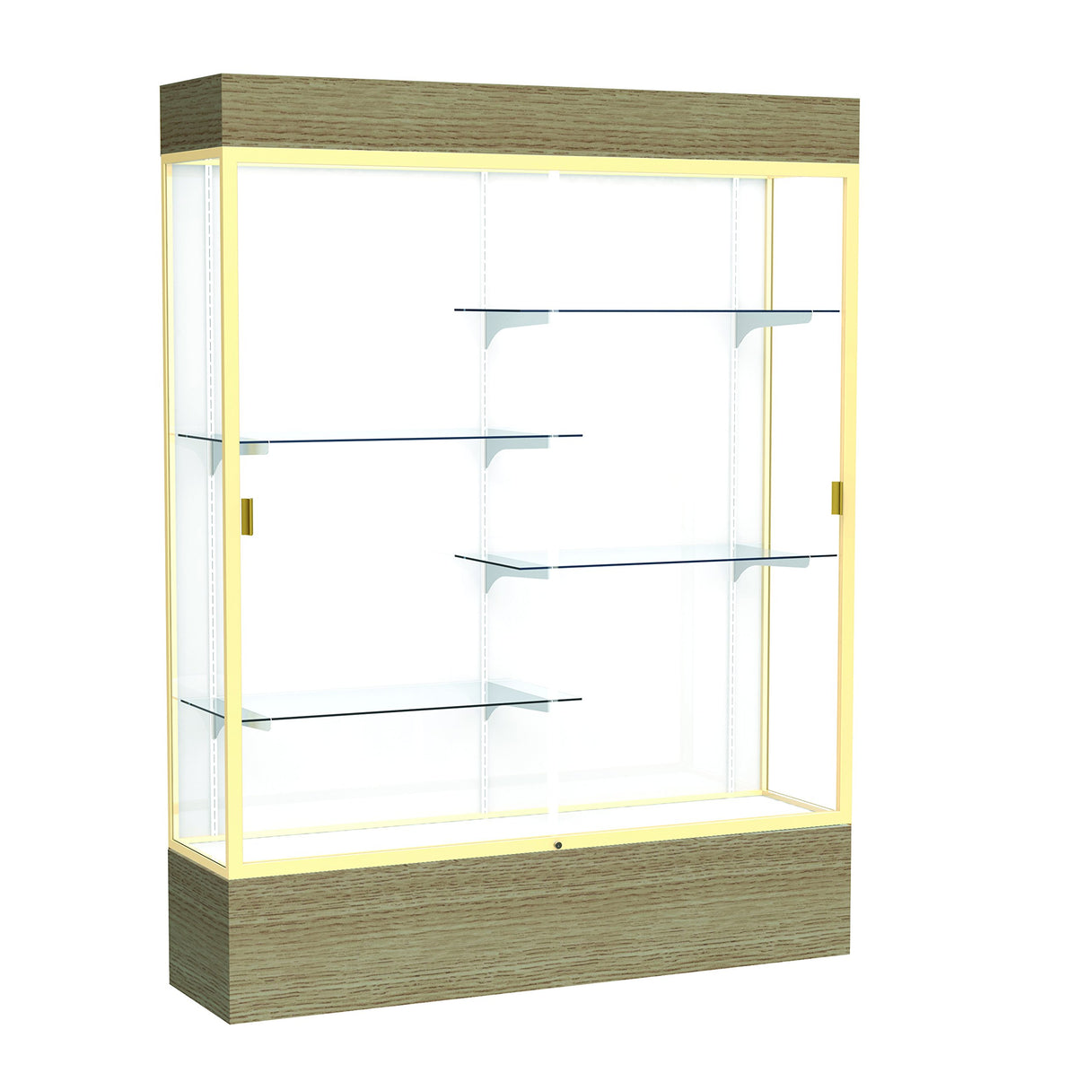 Waddell 60&quot; W X 80&quot; H X 16&quot; D Lighted, White Back, Finish, Oak Base Reliant Floor Display Case, 60&quot;X80&quot;X16&quot;, Driftwood/Champagne