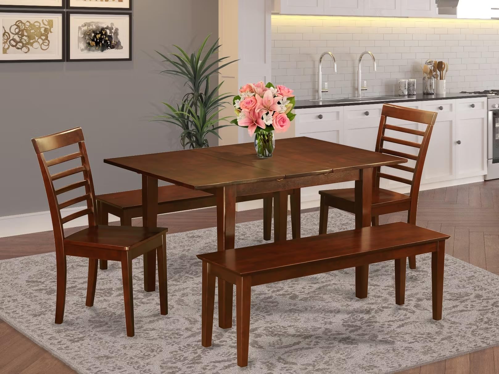 East West Furniture MILA5D-MAH-W Milan 5 Piece Room Set Includes a Rectangle Kitchen Table with Butterfly Leaf and 2 Dining Chairs with 2 Benches, 36x54 Inch
