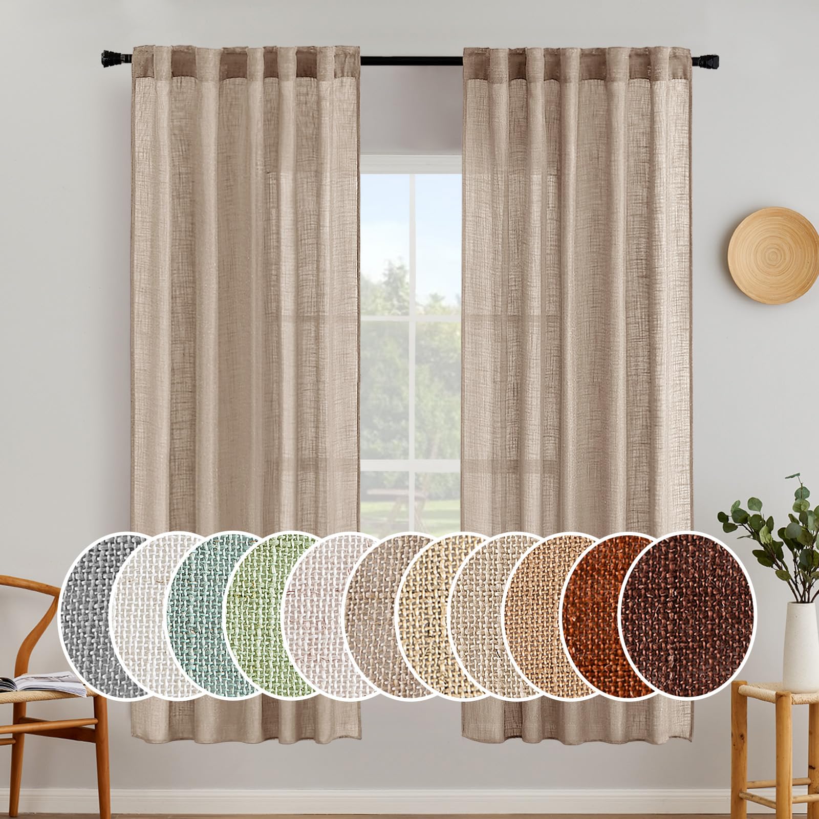 Miulee Taupe Linen Curtains 72 Inch Length 2 Panels For Bedroom Living Room, Soft Thick Linen Textured Window Drapes Semi Sheer