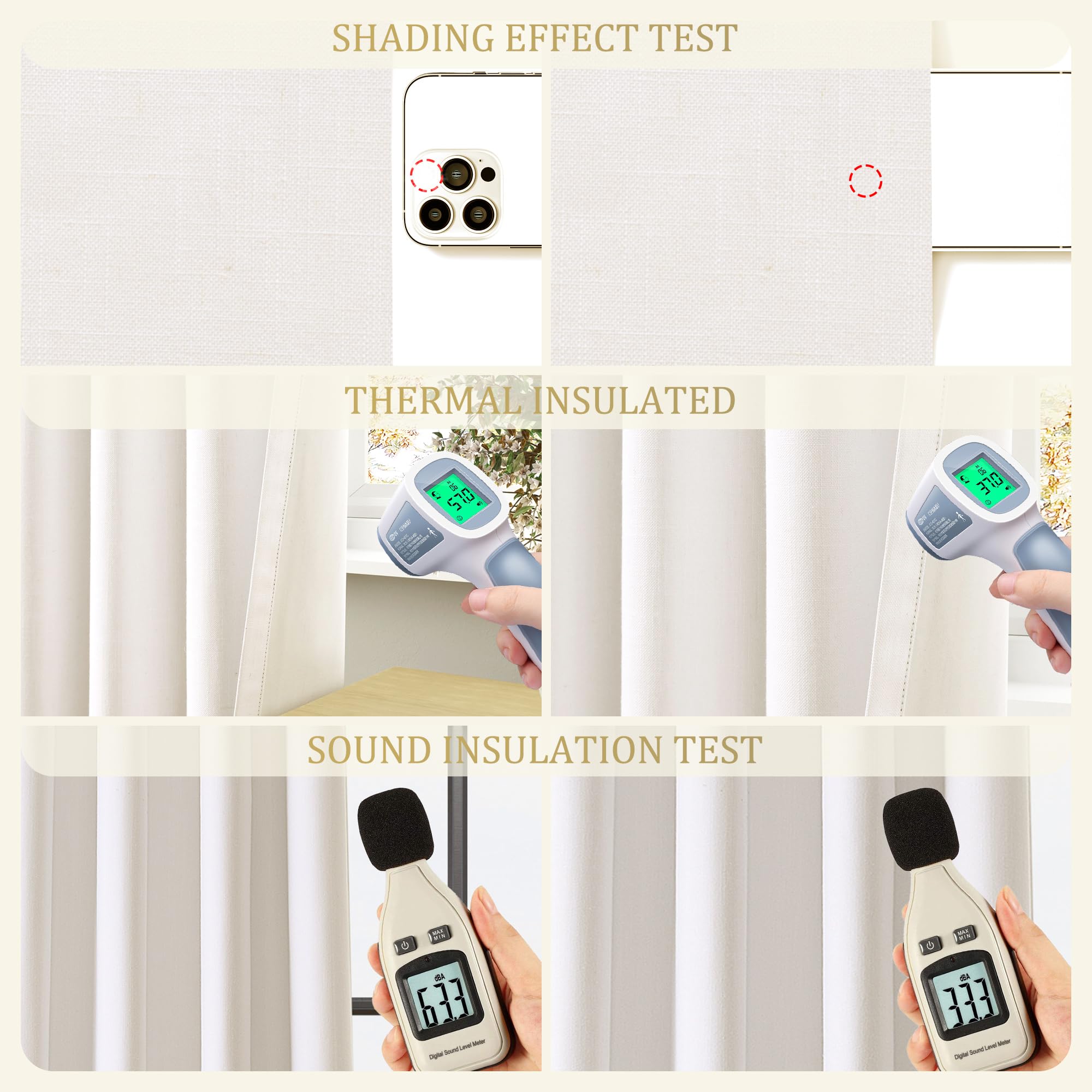 Jowels Ivory Linen Blackout Curtains 84 Length 2 Panels Set For Living Room Bedroom, 100% Black Out Thermal Insulated Linen Drap