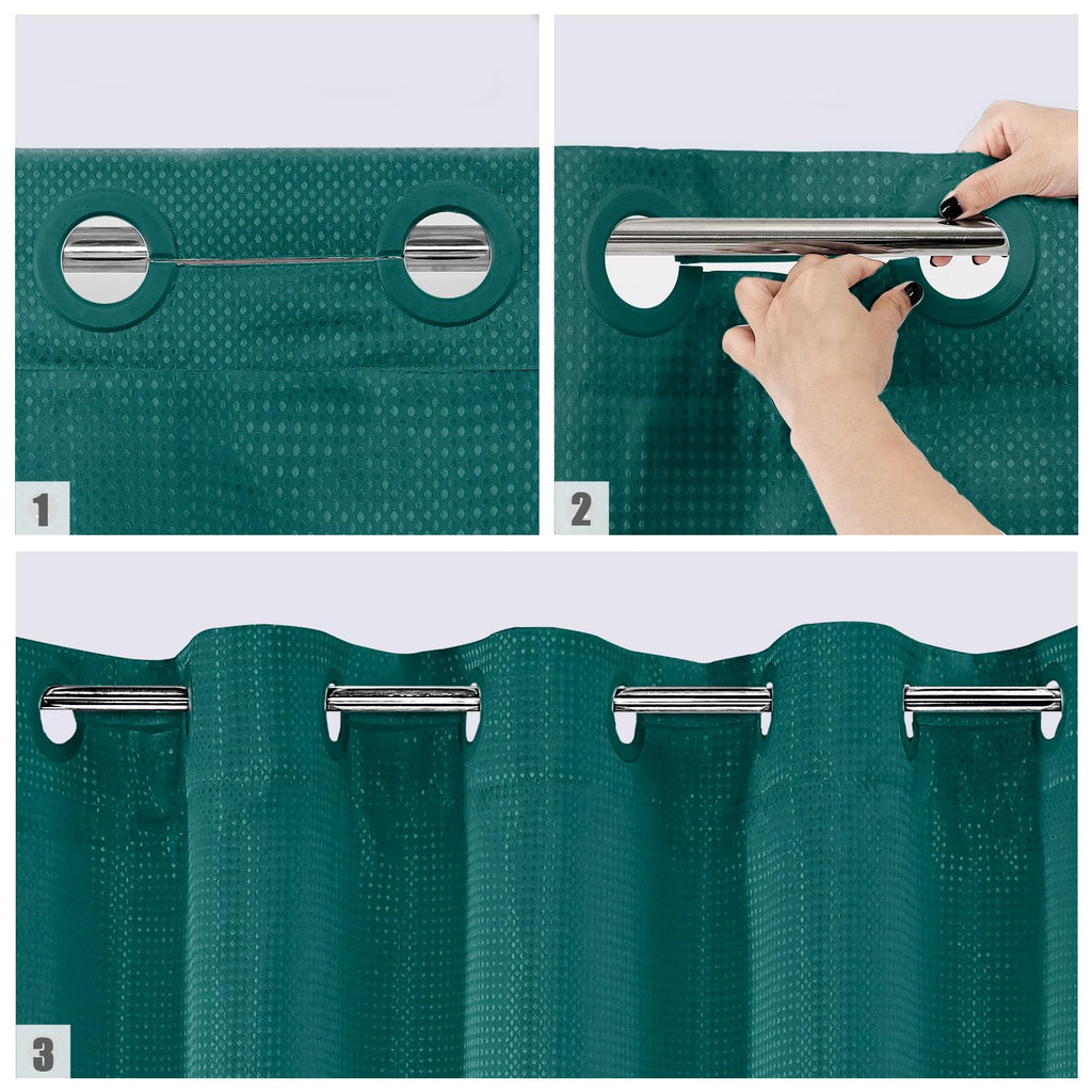 Mitovilla No Hooks Needed Dark Green Waffle Shower Curtain With Snap-In Liner, Modern Waffle Weave Fabric Cloth Shower Curtain F