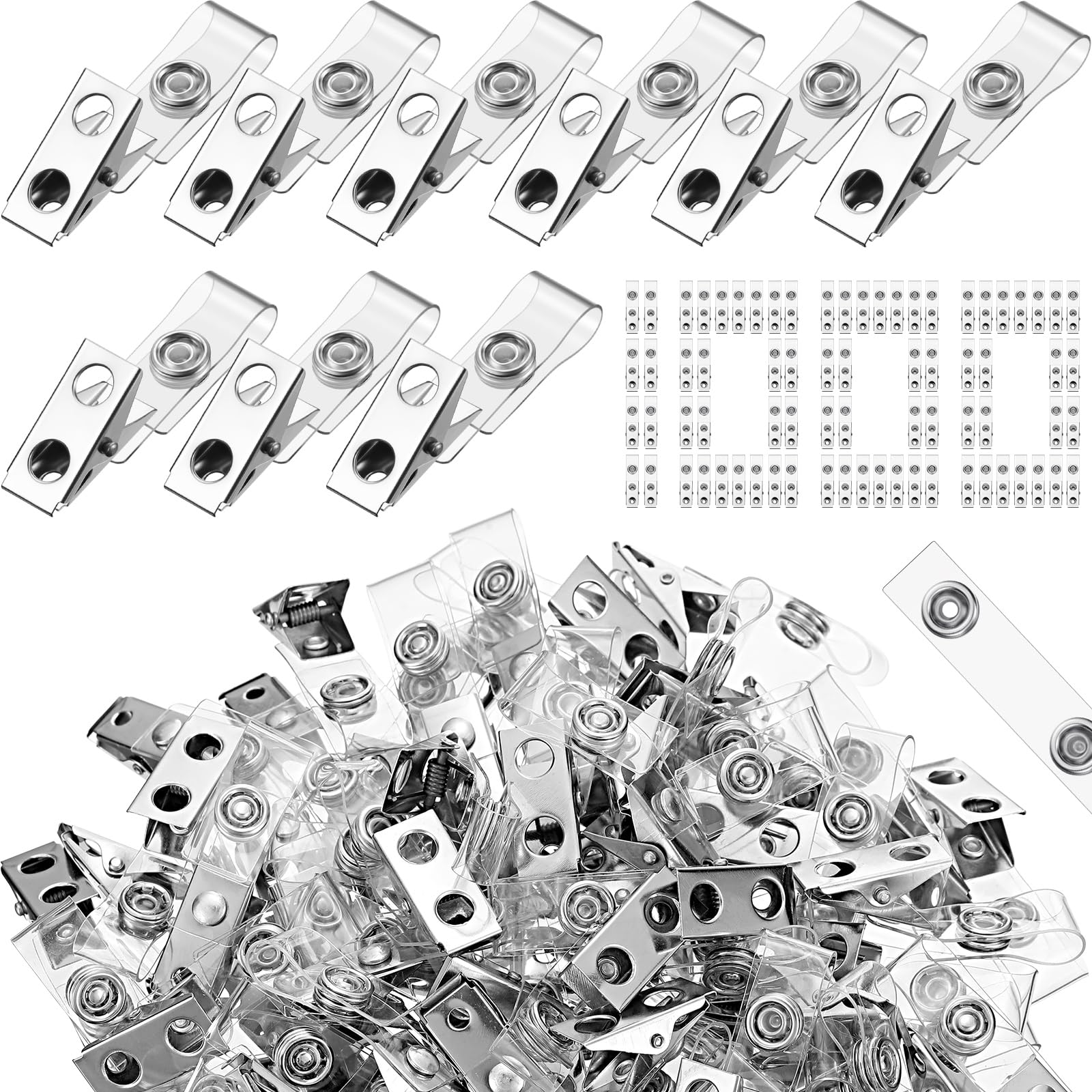 Seajan 1000 Pcs Metal Badge Clips Bulk Double Hole Name Tag Clips With Clear Pvc Straps Alligator Id Strap Clips For Id Cards Ho