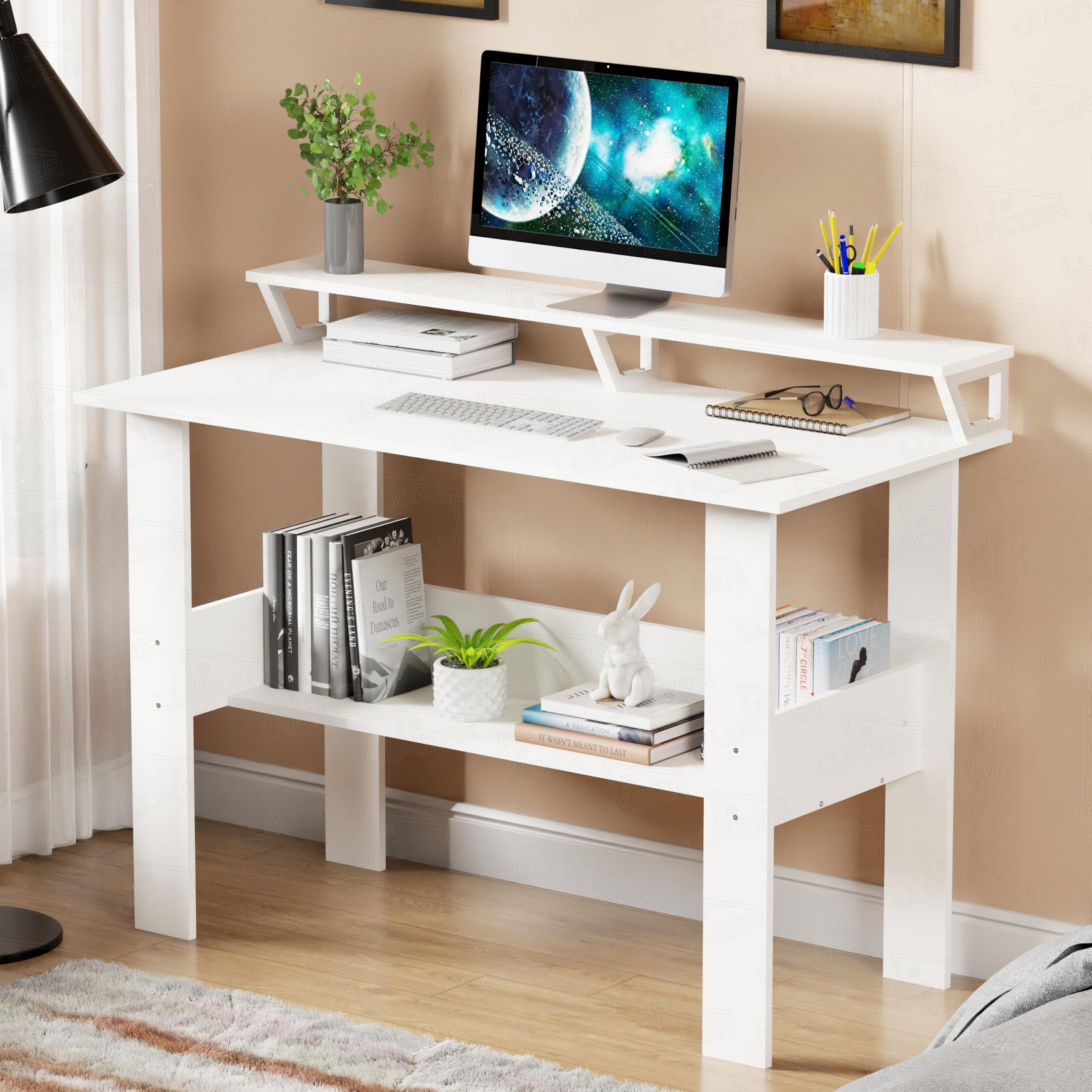 Lukzer Study Table With Monitor Riser & Open Book Shelf (Mst004/White) Engineered Wood Computer Table For Laptop, Pc & Home Off