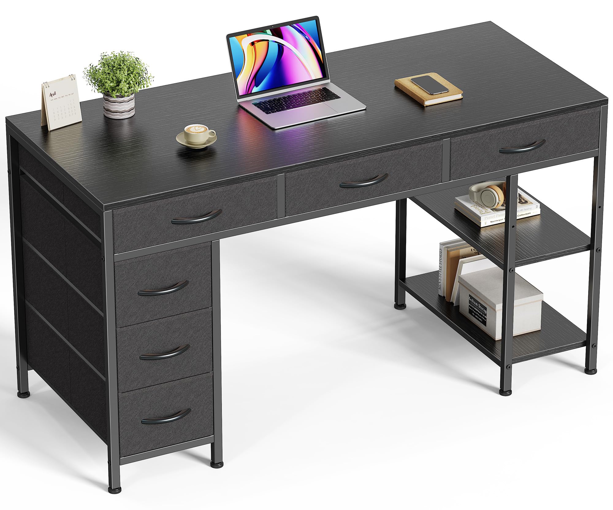 Huuger Computer Desk With 6 Drawers, 47 Inch Office Desk With Shelves, Reversible Gaming Desk, Corner Desk With Storage, Work Desk For Home Office, Study, Living Room, Black