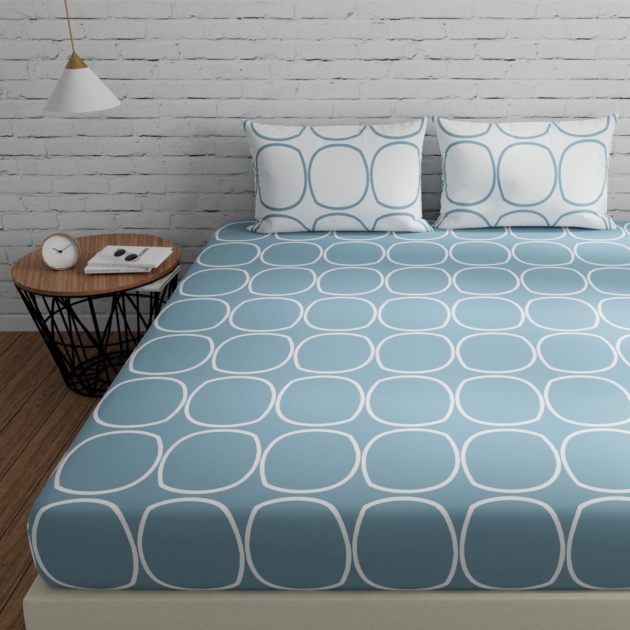 Huesland By Ahmedabad Cotton 144 Tc Cotton Bedsheet For Double Bed King Size With 2 Pillow Covers | 9Ft X 9Ft, Blue & White