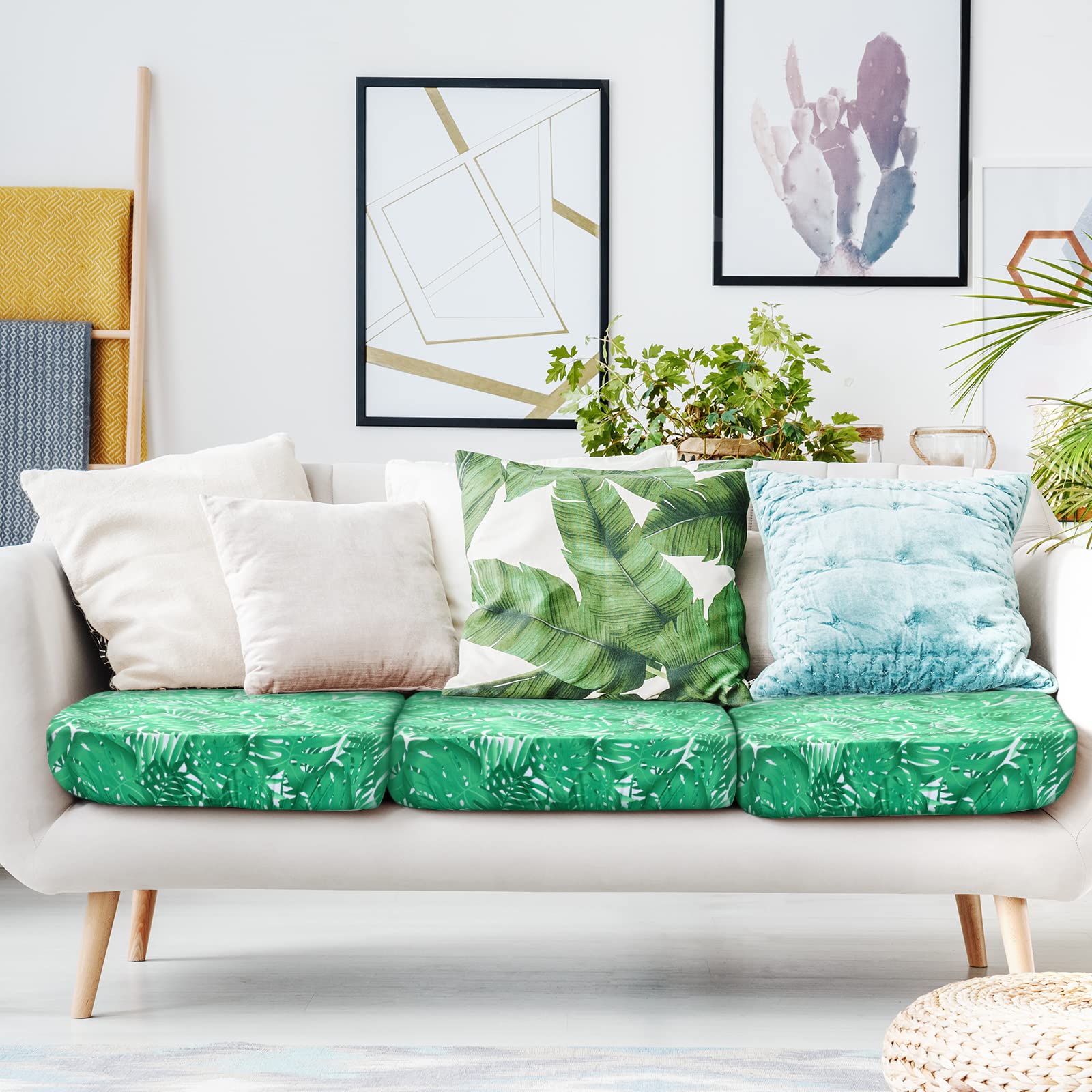 Newwiee 12 Pcs Patio Stretch Sofa Cushion Covers Outdoor Cushion Cover Replacement Couch Slipcover Sofa Seat Cover Flexibility Chair Cushion Cover Porch Patio Furniture Protector (Green,Monstera)
