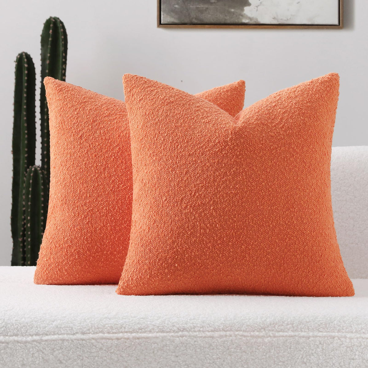 Futei Pack Of 2 Orange Boucle Accent Decorative Throw Pillow Covers,24X24 Inch Soft Solid Textured Euro Pillow Shams,Home Decor