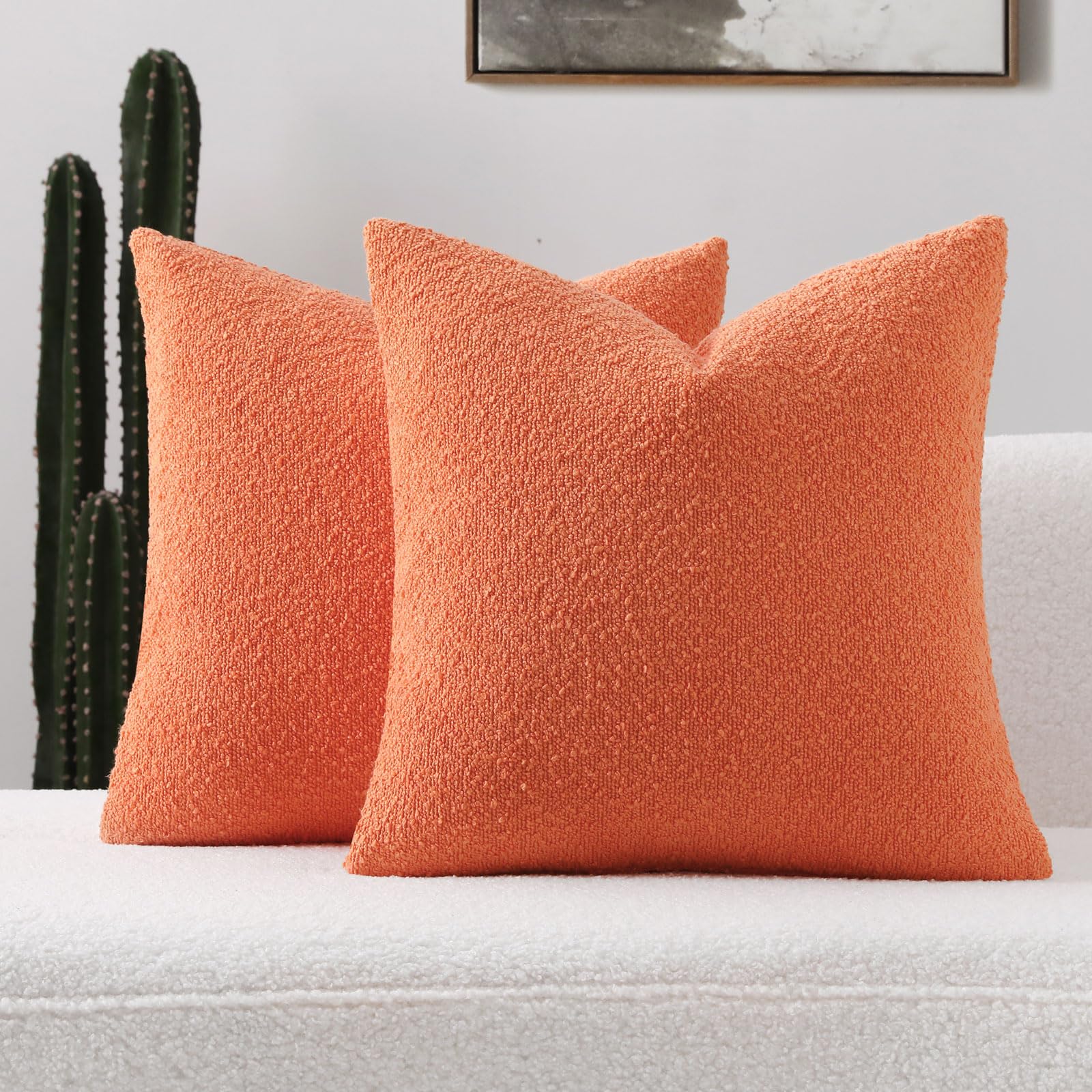 Futei Pack Of 2 Orange Boucle Accent Decorative Throw Pillow Covers,16X16 Inch Soft Solid Textured Cushion Case,Home Decor For C