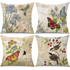 Wyooxoo Farmhouse Pillow Covers 18X18 Set Of 4 Spring Summer Throw Pillow Covers Linen Flower Butterfly Bird Decorative Pillowca