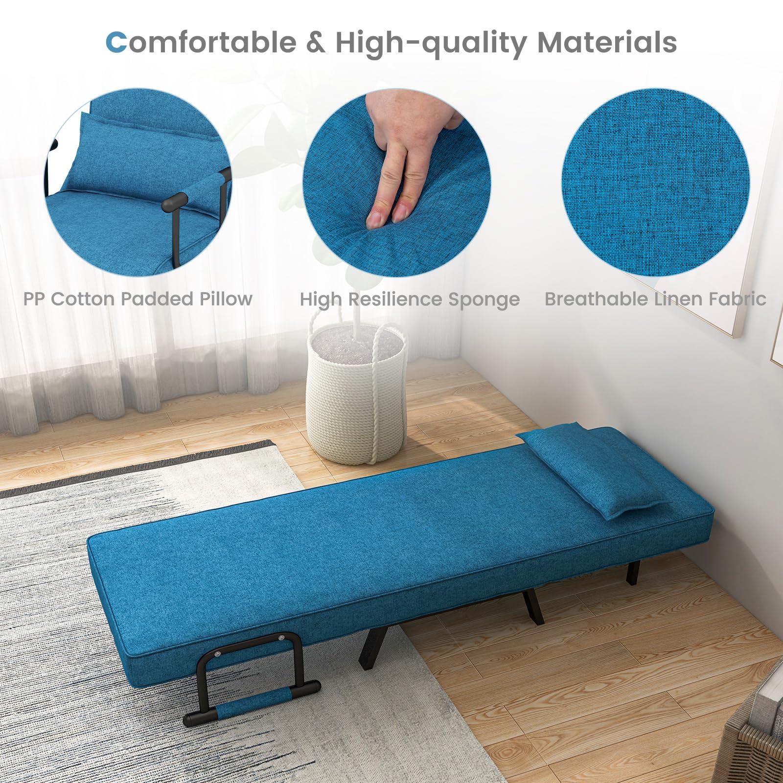 Powerstone Convertible Sleeper Chair Bed, 4 In 1 Living Room Reading Chair With Pillow, Arm And Adjustable 5 Position Backrest Single Sofa Bed, Blue