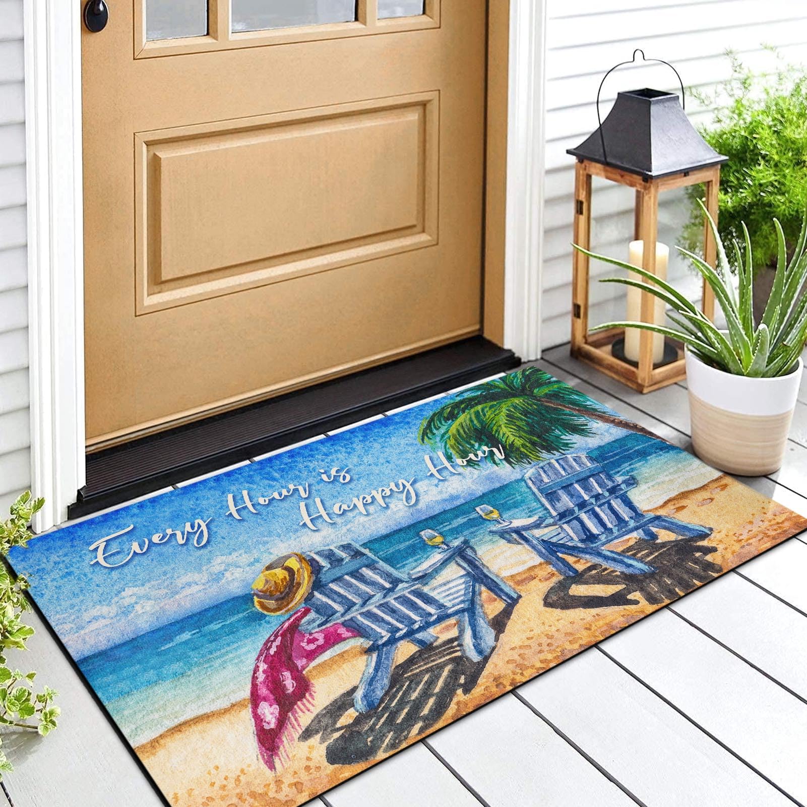 Arttown Beach Shore Tropical Door Mat, 17 X 30 Palm Tree Summer Painting Welcome Doormat Decorative Home Floor Mat, Non Slip Rub