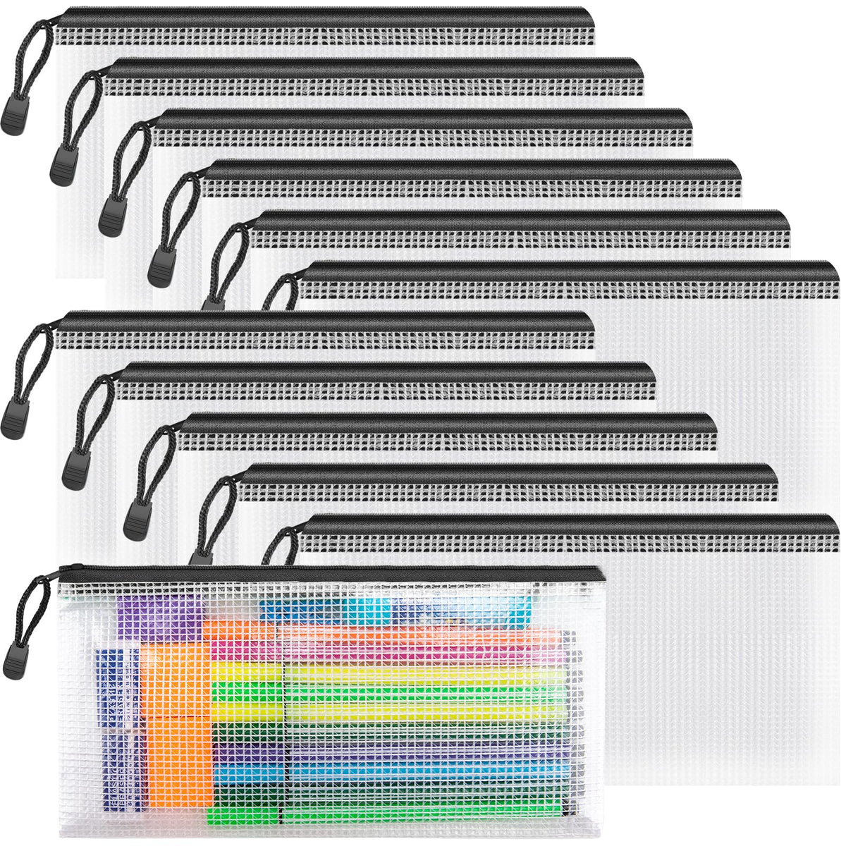 Umriox Zipper Pencil Pouches, 9.2 X 4.7 In (Black, 12 Pack), Pencil Pouches Bulk, Clear Pencil Pouch For Office Supplies Cosmeti