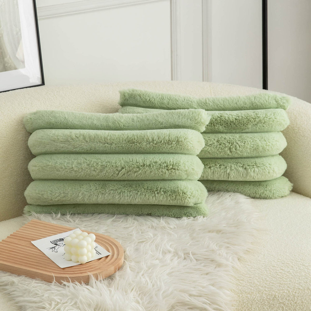 Neelvin Green Faux Fur Cozy Soft Striped Decorative Throw Pillow Covers 12X20 Inch Set Of 2,Velvet Pillowcase Cushion Case For S