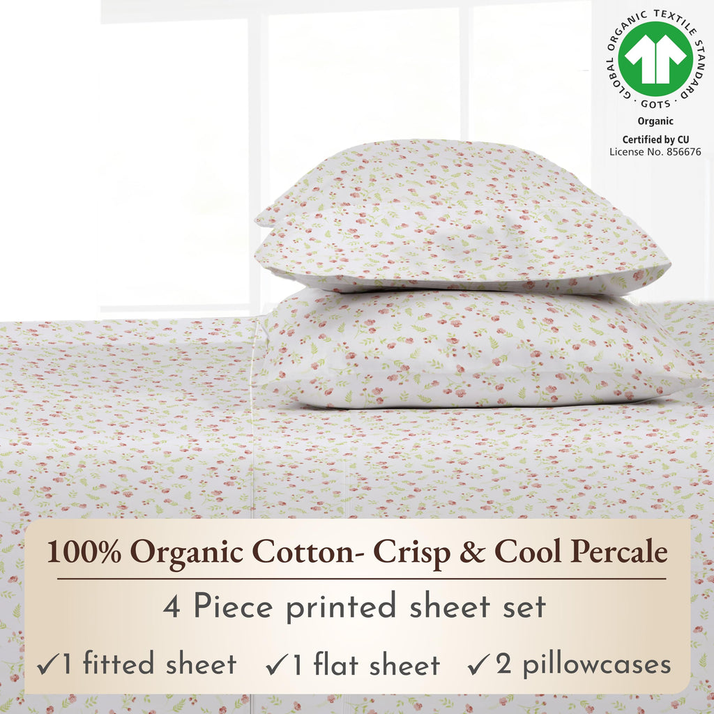 California Design Den Queen Sheet Set Floral, 100% Organic Cotton Percale Sheets, Deep Pocket Queen Sheets & Pillowcase Set - Floral