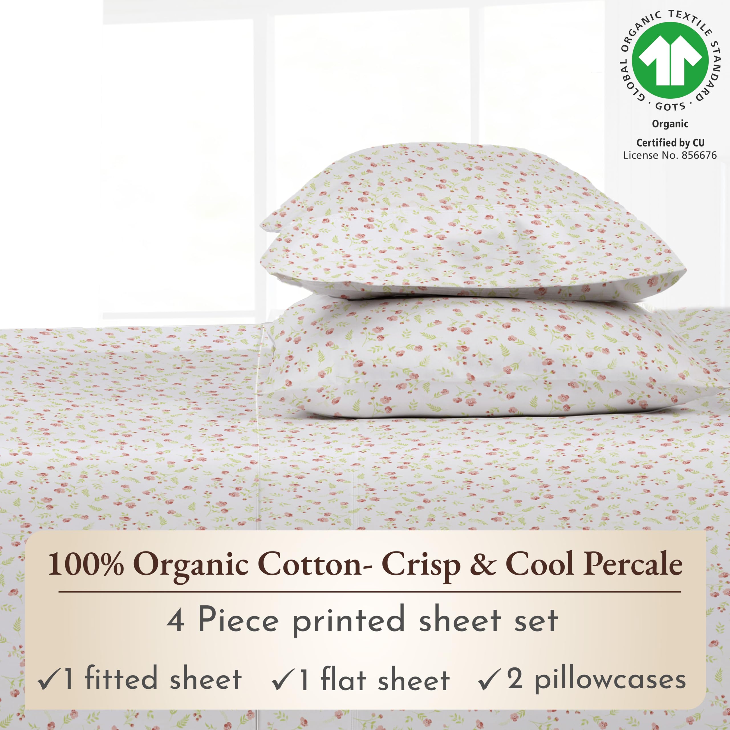 California Design Den Queen Sheet Set Floral, 100% Organic Cotton Percale Sheets, Deep Pocket Queen Sheets & Pillowcase Set - Floral