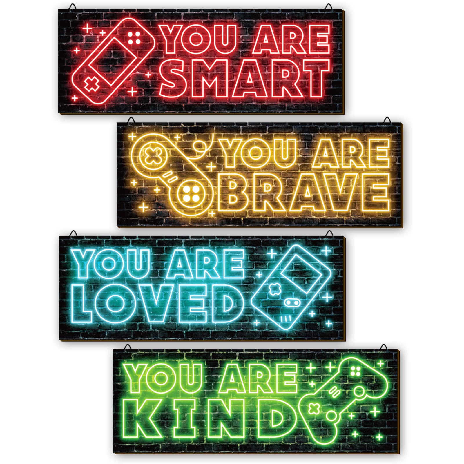 YLOLUL 4 Pieces Neon Gaming Decor for Boys Room Wooden Video Game Wall Art Print Motivational Quote Gamer Hanging Plaques Wall D