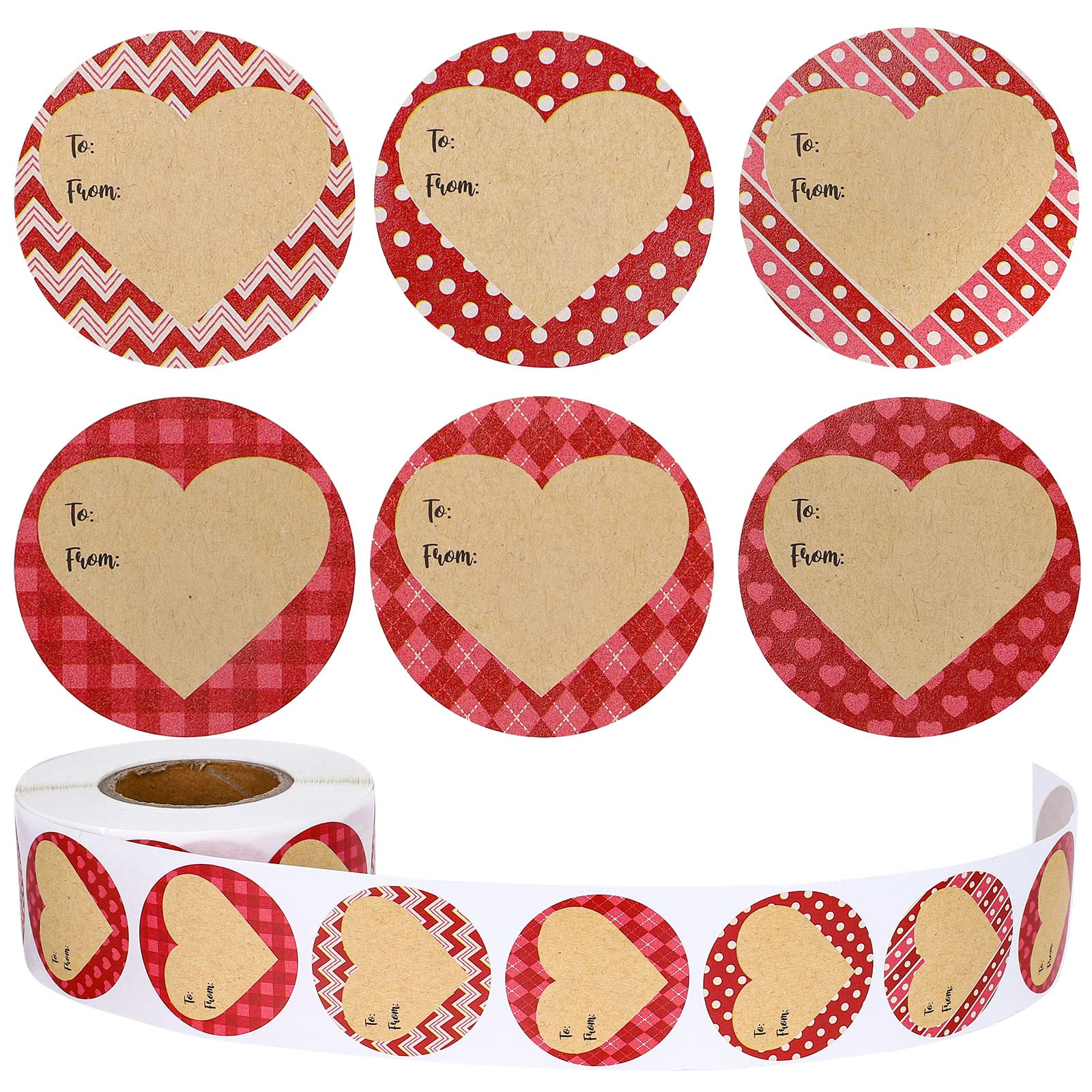 Whaline 600Pcs Valentine'S Day Red Heart Tag Stickers Heart Plaid Dot Stripe Pattern Kraft Name Tag Decals To & From Label Self-