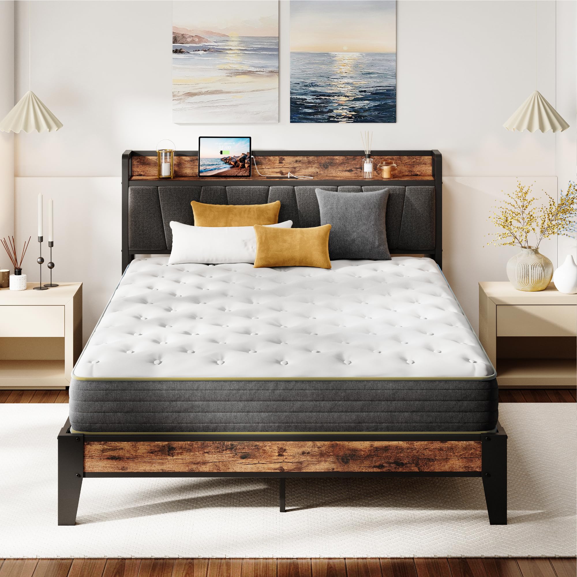 LIKIMIO Full XL Bed Frame, Storage Headboard with Charging Station, Solid and Stable, Noise Free, No Box Spring Needed, Easy Ass