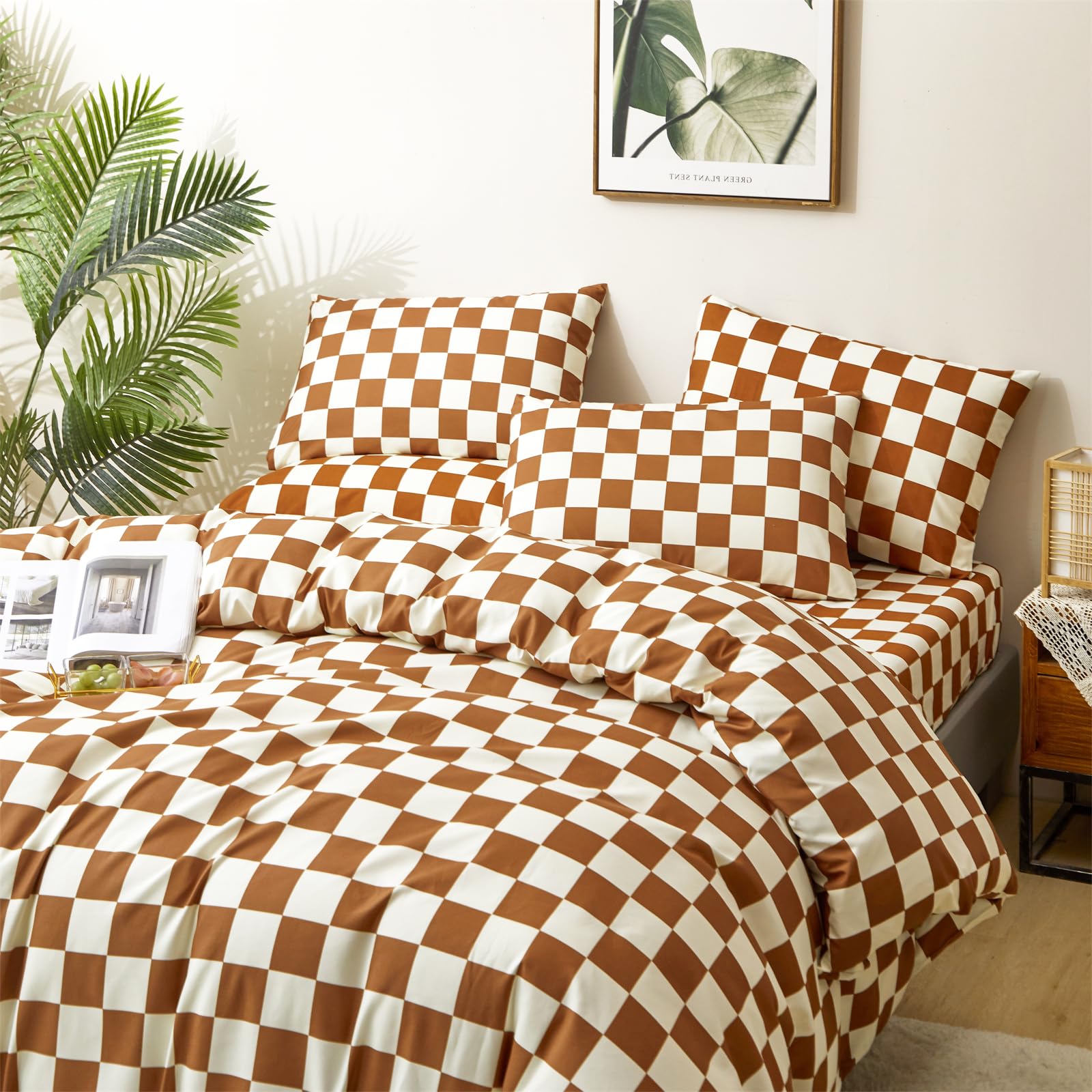 Clothknow Brown Beige Grid Comforter Set Queen 3Pcs Pumpkin Plaid Bedding Comforter Sets Caramel Queen Comforter Checker Queen S
