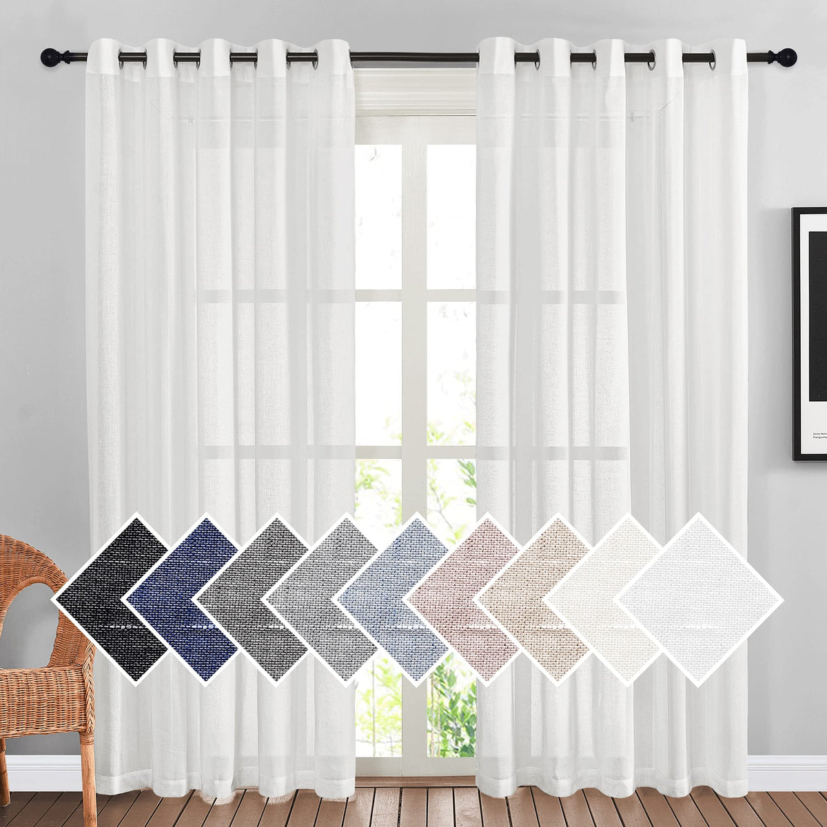 Nicetown White Sheer Linen Curtains 84' Long, Grommet Top Privacy With Enough Light Through Semi Sheer Window Treatments Vertic