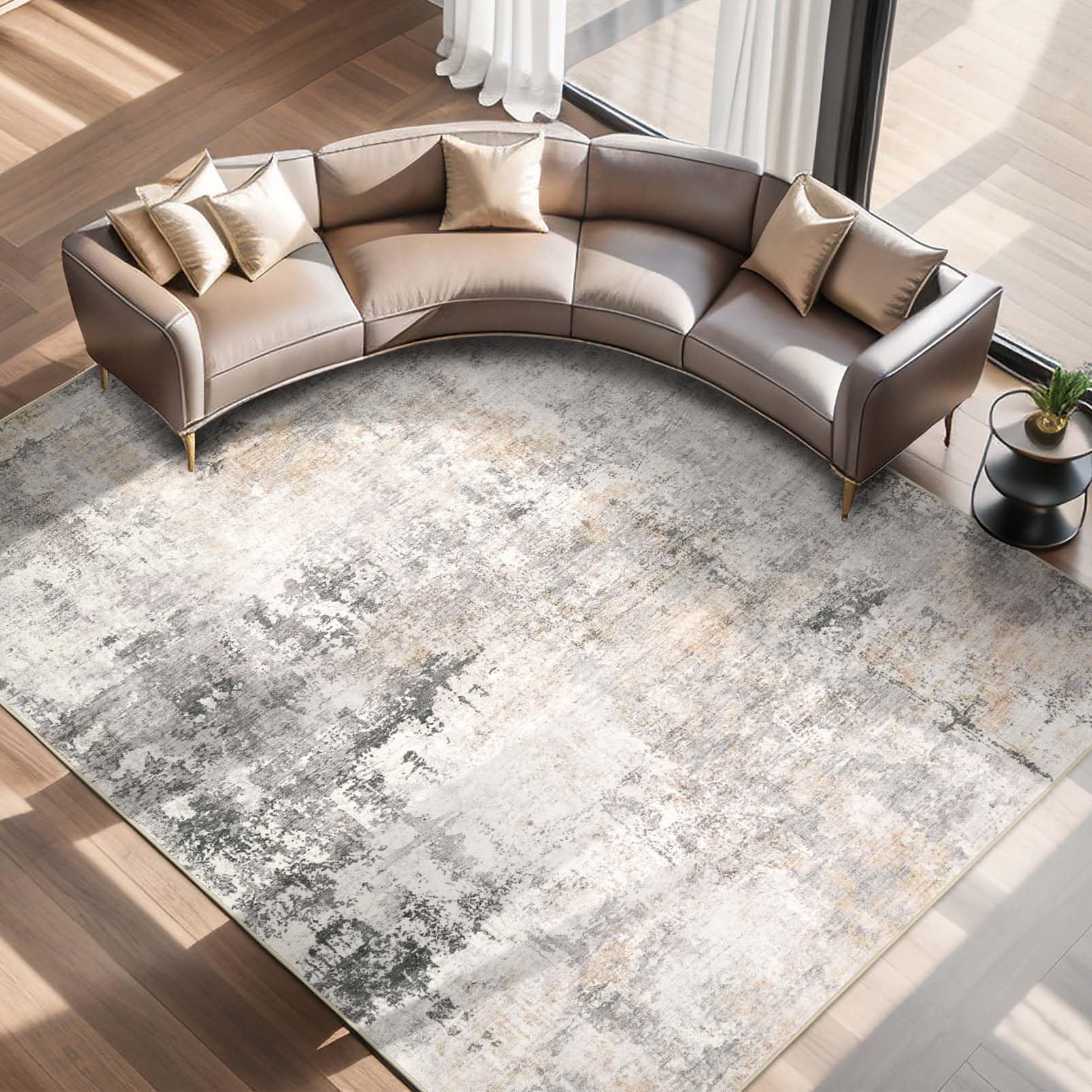 Modern Abstract Washable Area Rug - 8x10 Large Living Room Rugs Soft Stain Resistant Non-Slip Low Pile Foldable Neutral Carpet f