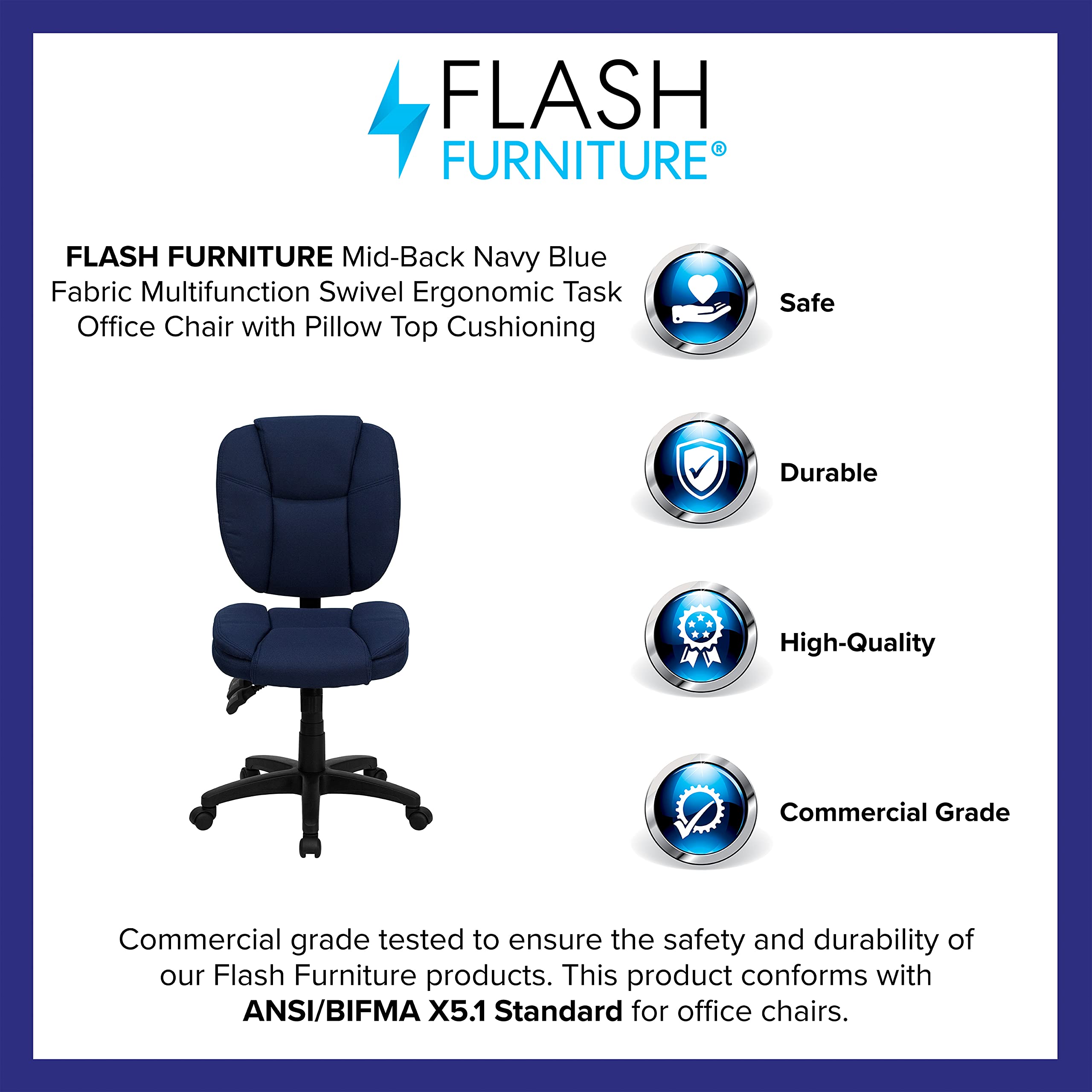 Flash Furniture Caroline Mid-Back Navy Blue Fabric Multifunction Swivel Ergonomic Task Office Chair With Pillow Top Cushioning