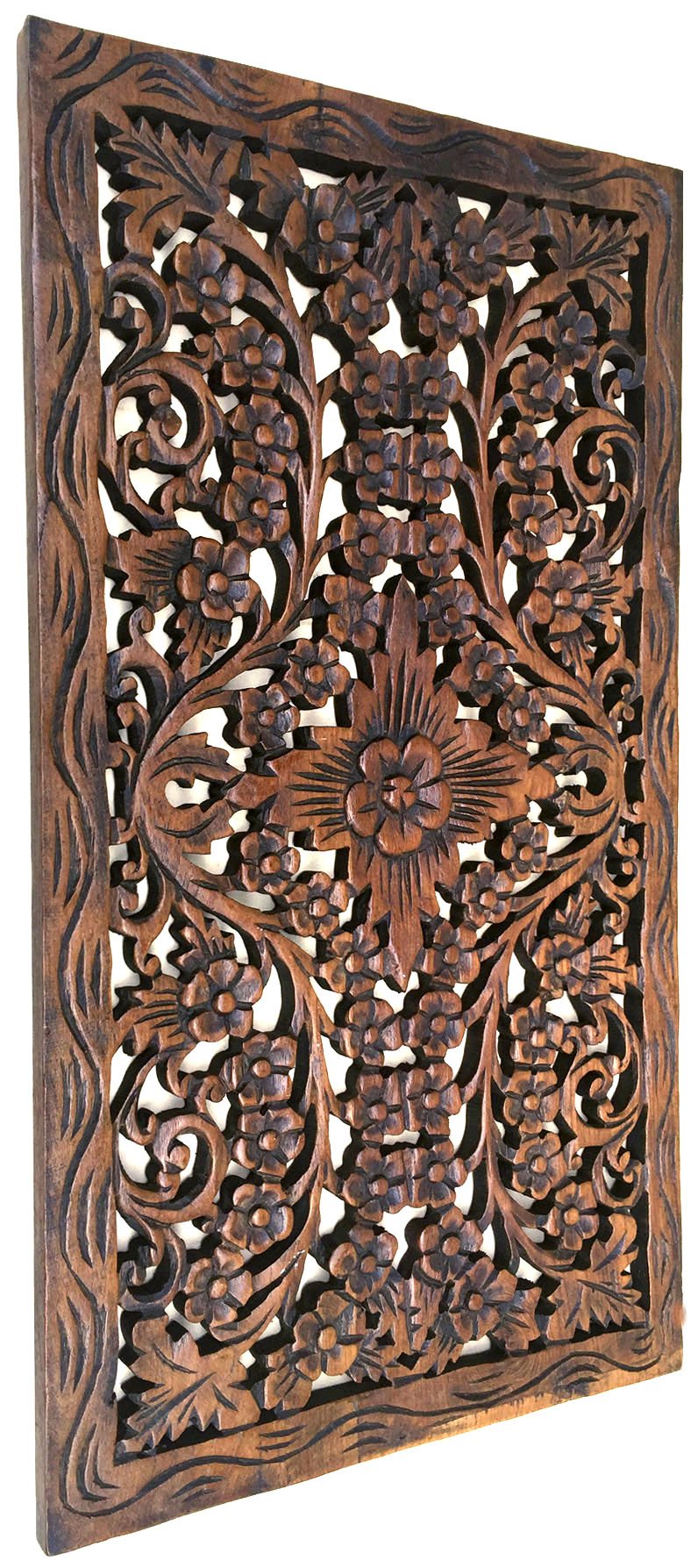 Asiana Home Decor Wood Carved Panel Thai Wall Relief Sculpture Teak Wood Dark Brown 24"x13.5"x0.5"
