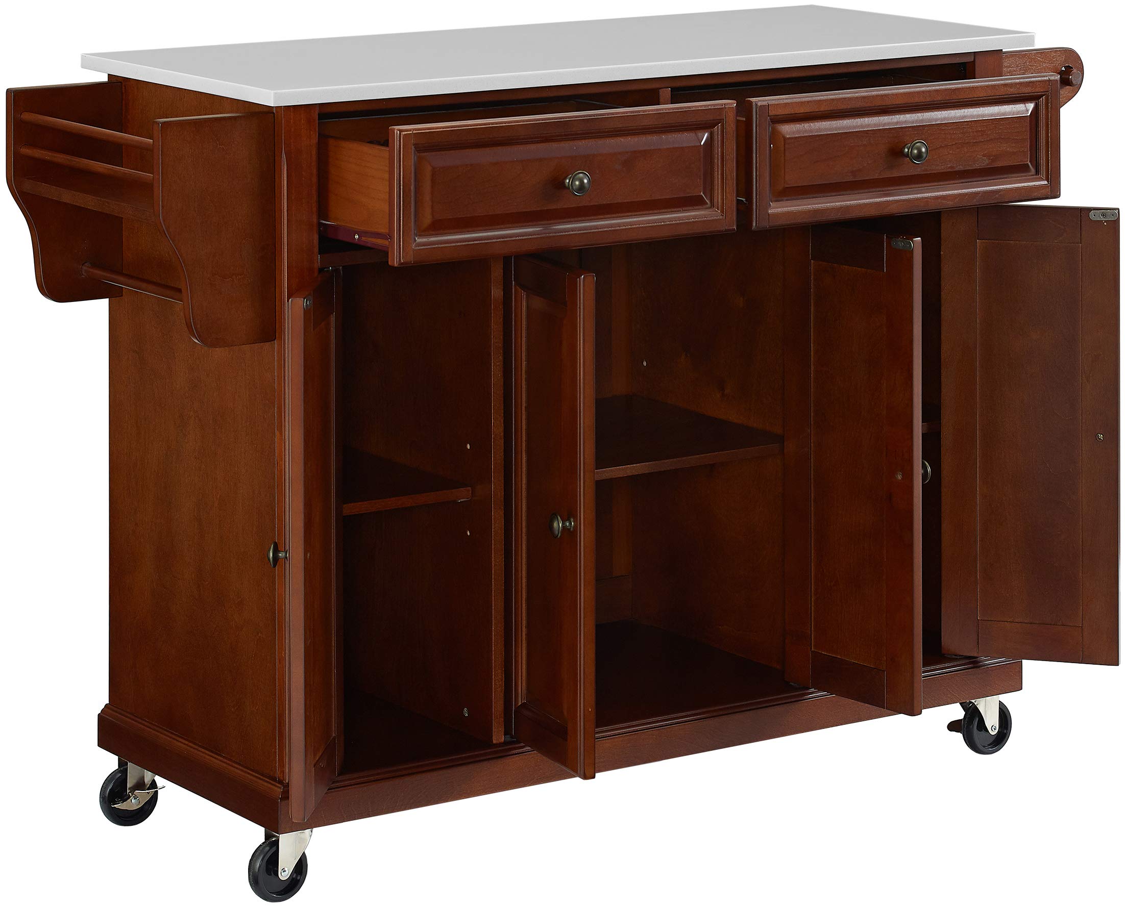Crosley Furniture Full Size Stone Top Rolling Kitchen Island Storage Cart, Microwave Stand, Spice Rack, Mahogany