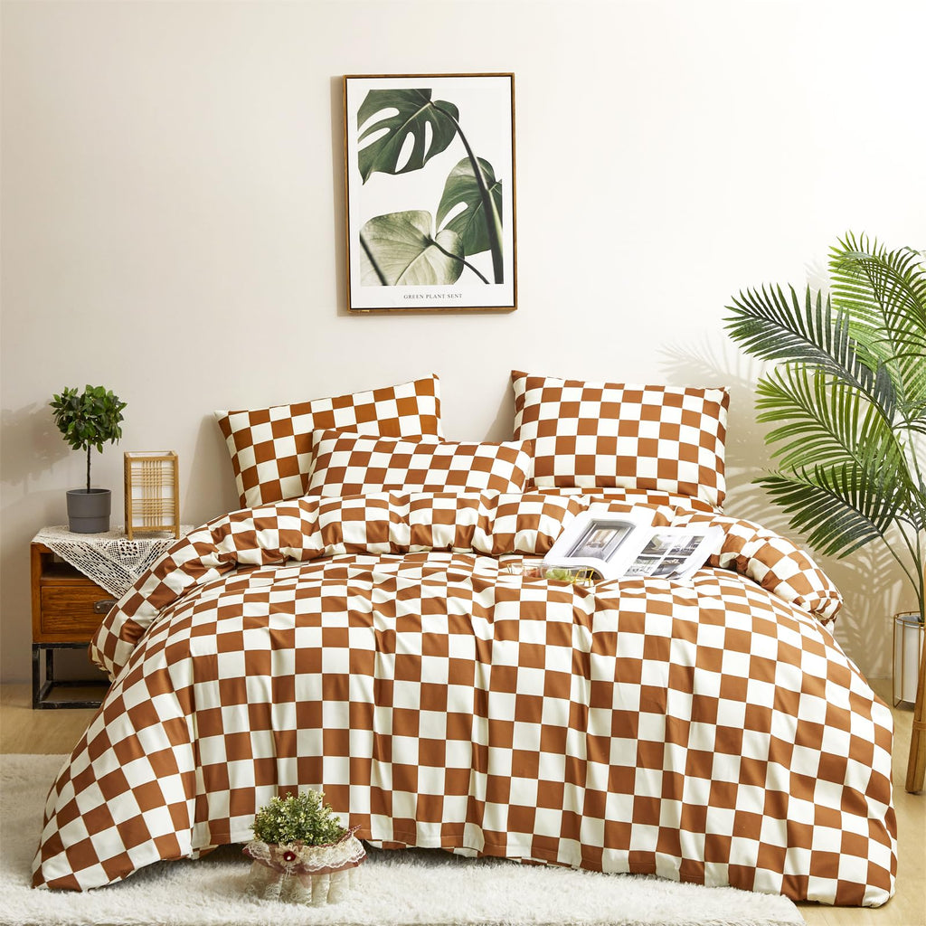 CLOTHKNOW Brown Beige Grid Comforter Set Queen 3Pcs Pumpkin Plaid Bedding Comforter Sets Caramel Queen Comforter Checker Queen S