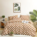 CLOTHKNOW Brown Beige Grid Comforter Set Queen 3Pcs Pumpkin Plaid Bedding Comforter Sets Caramel Queen Comforter Checker Queen S