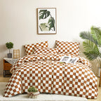 CLOTHKNOW Brown Beige Plaid Comforter Set Full 3Pcs Pumpkin Grid Bedding Comforter Sets Rust Comforter Full Size Soft Caramel Ch