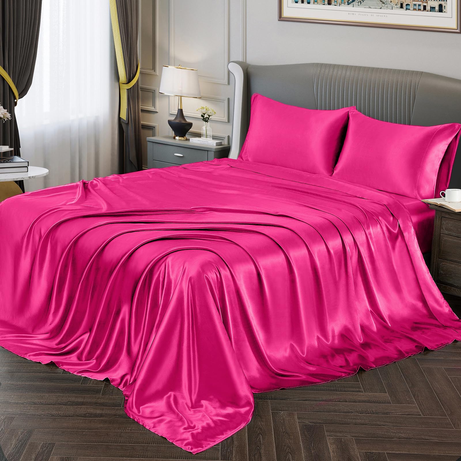 Vonty Satin Sheets King Silky Soft Satin Bed Sheets Hot Pink Satin Sheet Set, 1 Deep Pocket Fitted Sheet + 1 Flat Sheet + 2 Pill