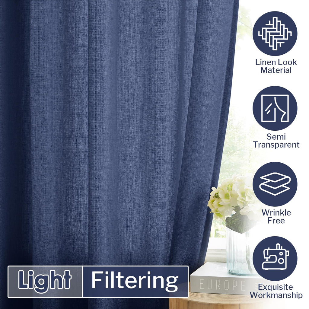 Melodieux Navy Semi Sheer Curtains 54 Inch Length For Bedroom Living Room, Faux Linen Window Privacy Sheer Drapes Rod Pocket, 52