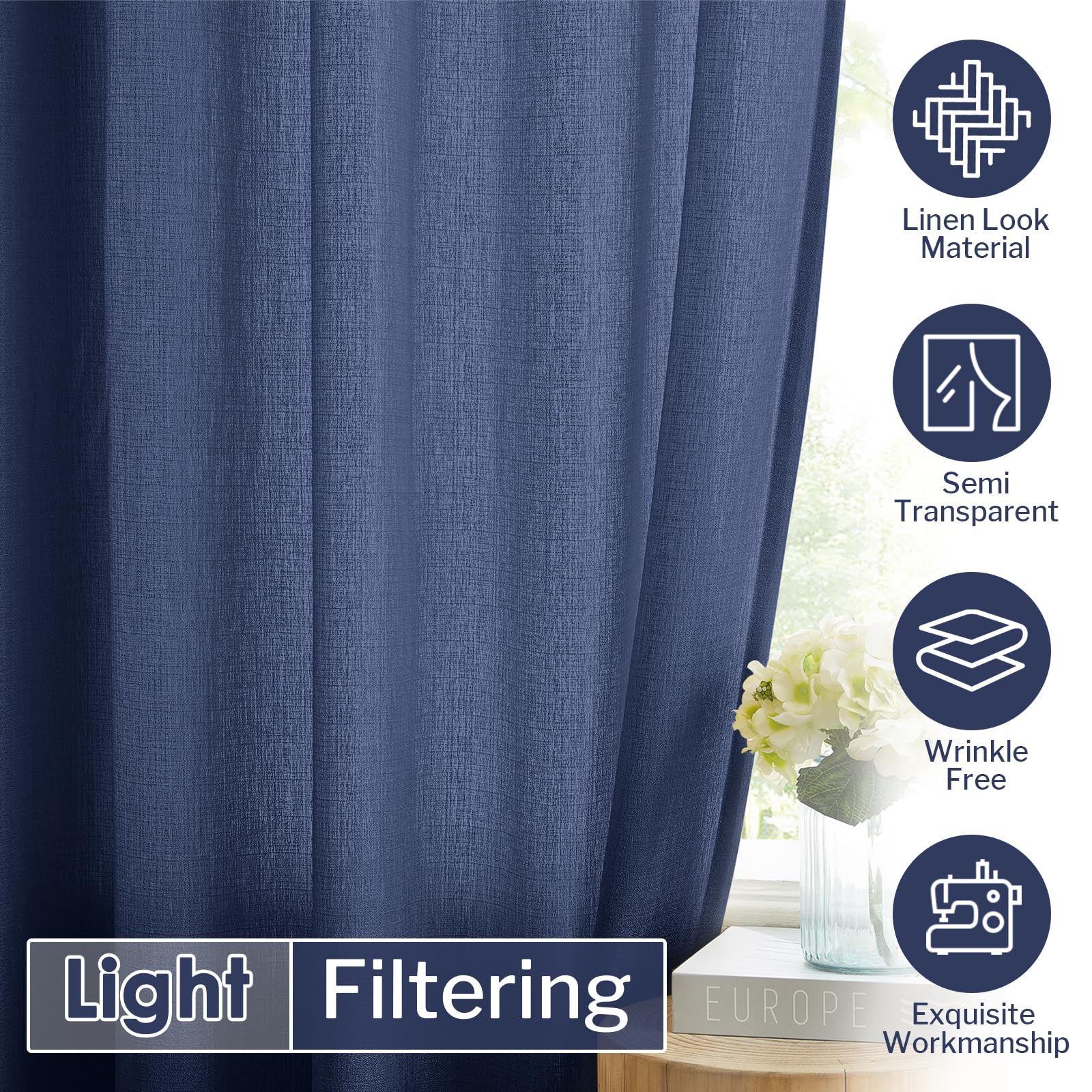 Melodieux Navy Semi Sheer Curtains 54 Inch Length For Bedroom Living Room, Faux Linen Window Privacy Sheer Drapes Rod Pocket, 52