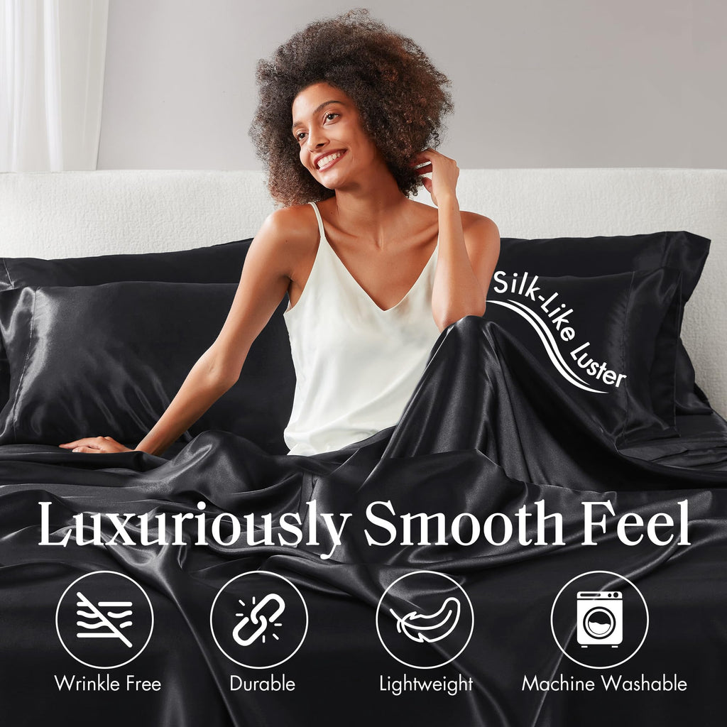 Madison Park Essentials Satin Sheets Twin Size, Luxurious Silky Satin Bed Sheets, Elastic 14' Pocket Fits Up To 16' Mattress, Wrinkle-Free, Soft Satin Bed Sheet Set, Black 4 Piece