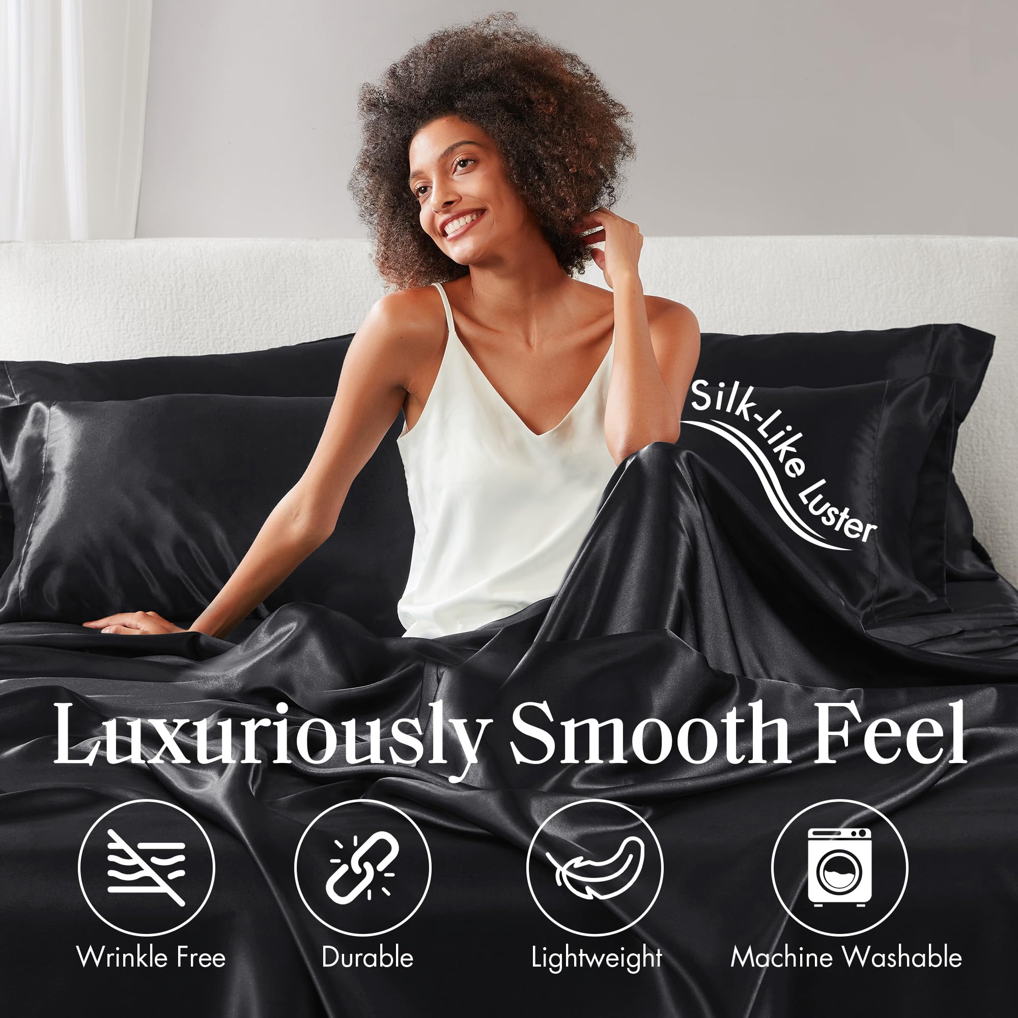 Madison Park Essentials Satin Sheets Twin Size, Luxurious Silky Satin Bed Sheets, Elastic 14' Pocket Fits Up To 16' Mattress, Wrinkle-Free, Soft Satin Bed Sheet Set, Black 4 Piece