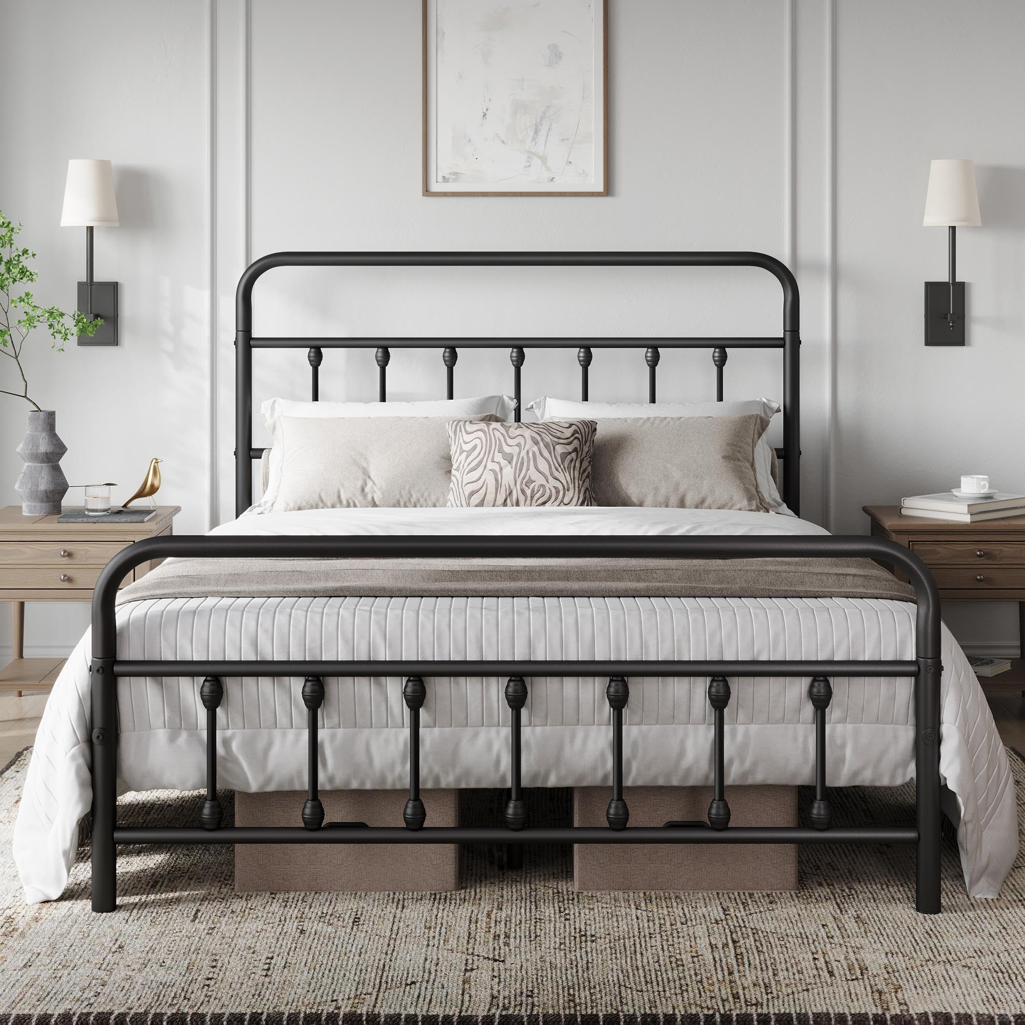 Yaheetech Classic Metal Platform Bed Frame Mattress Foundation With Victorian Style Iron-Art Headboard/Footboard/Under Bed Storage/No Box Spring Needed/Queen Size Black