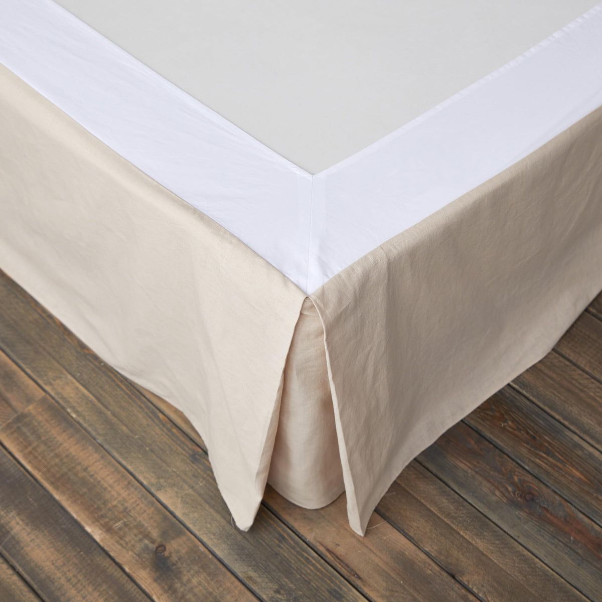 Biselina French Linen Wrap Around Bed Skirt With Pleated Corner 14-Inch Tailored Drop Natural Flax Cotton Blend Basic Soft Cozy
